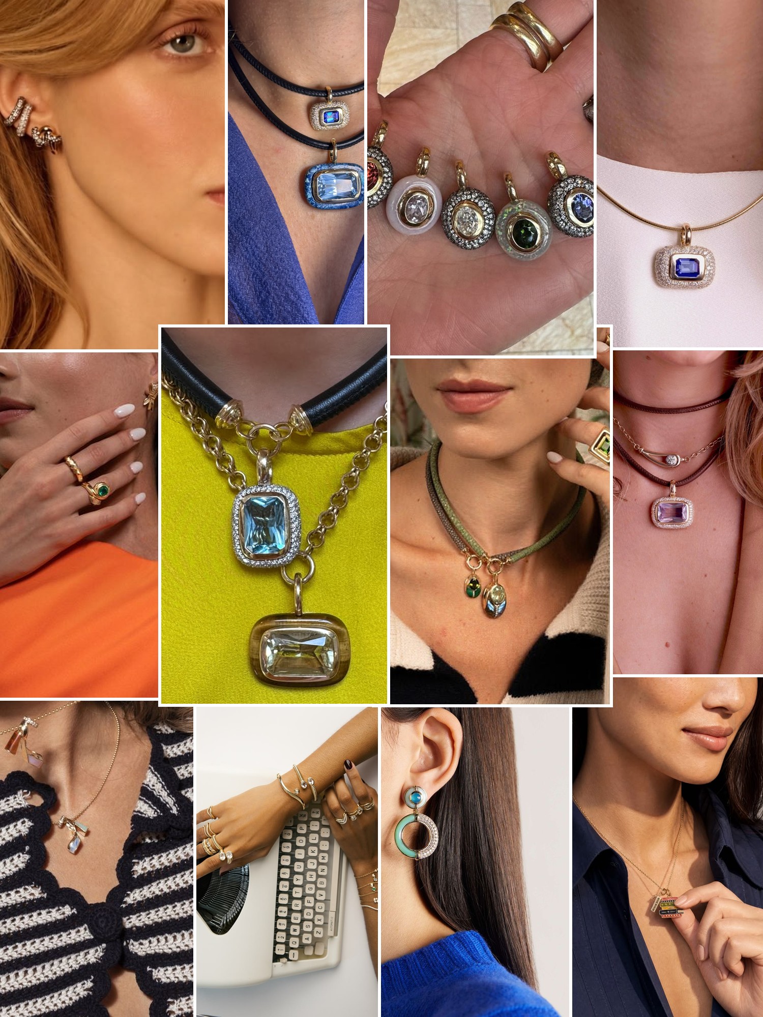 Collage of rings, earrings and layered necklaces worn up close, in the spirit of Mason and Books