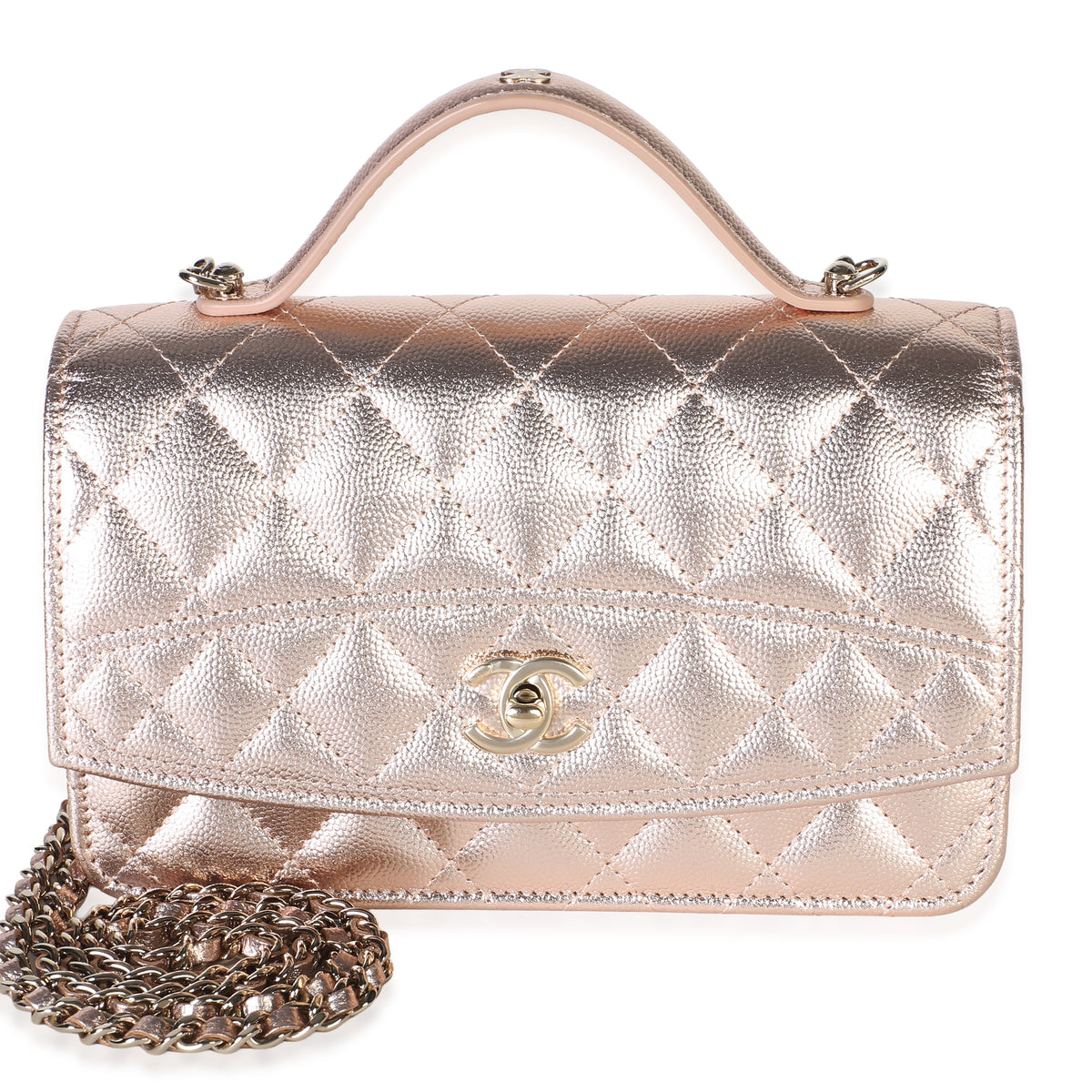 Chanel Metallic Copper Shiny Caviar Top Handle Wallet On Chain
