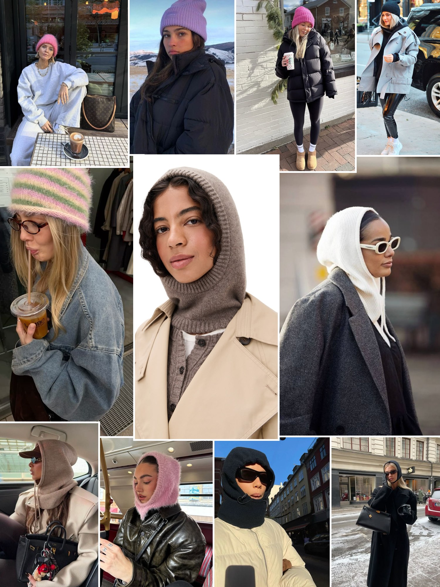 Collage of beanies and balaclavas with winter coats