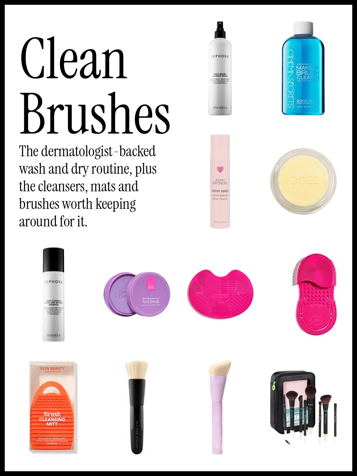 Collage of makeup brush cleaners, cleaning mats and brush sets