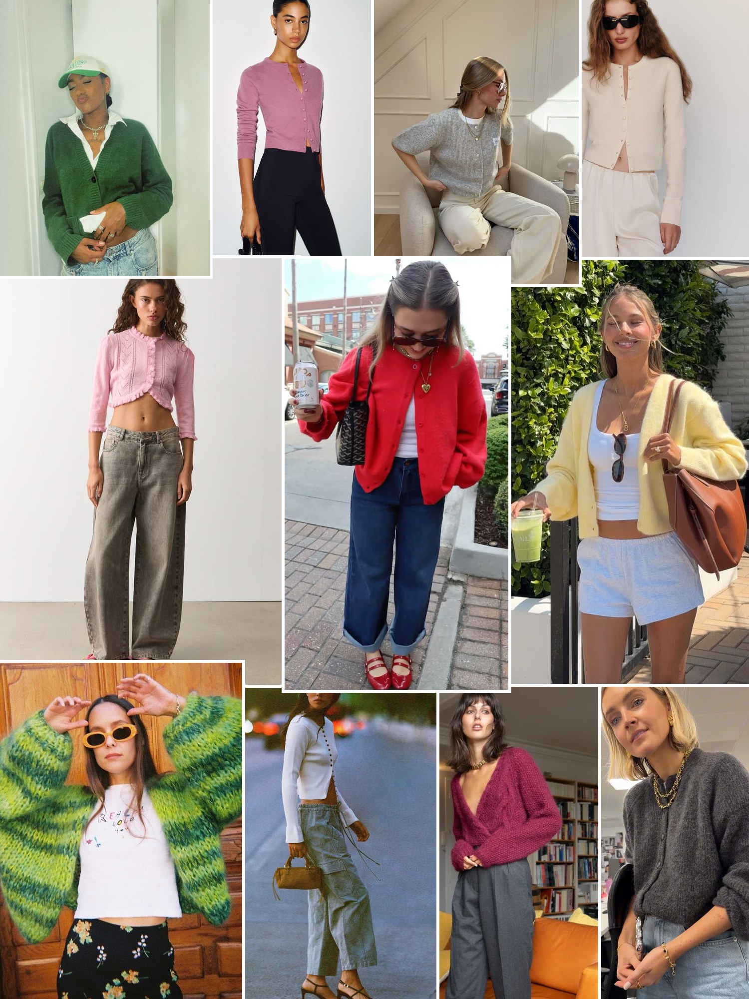 Collage of cropped cashmere cardigan outfits in cream and neutrals