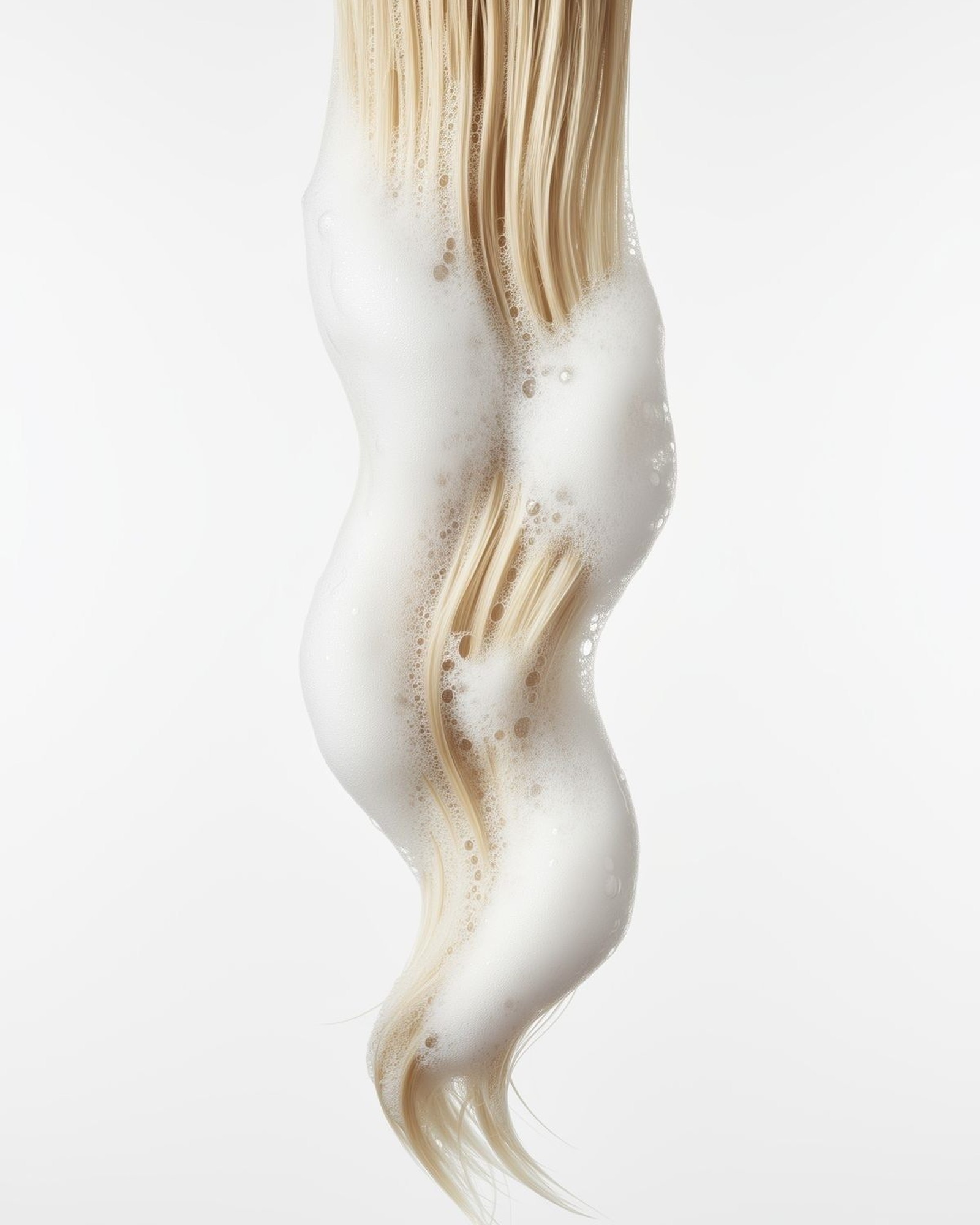 Long blonde hair hanging straight down, wrapped in a wave of white foam against a white background