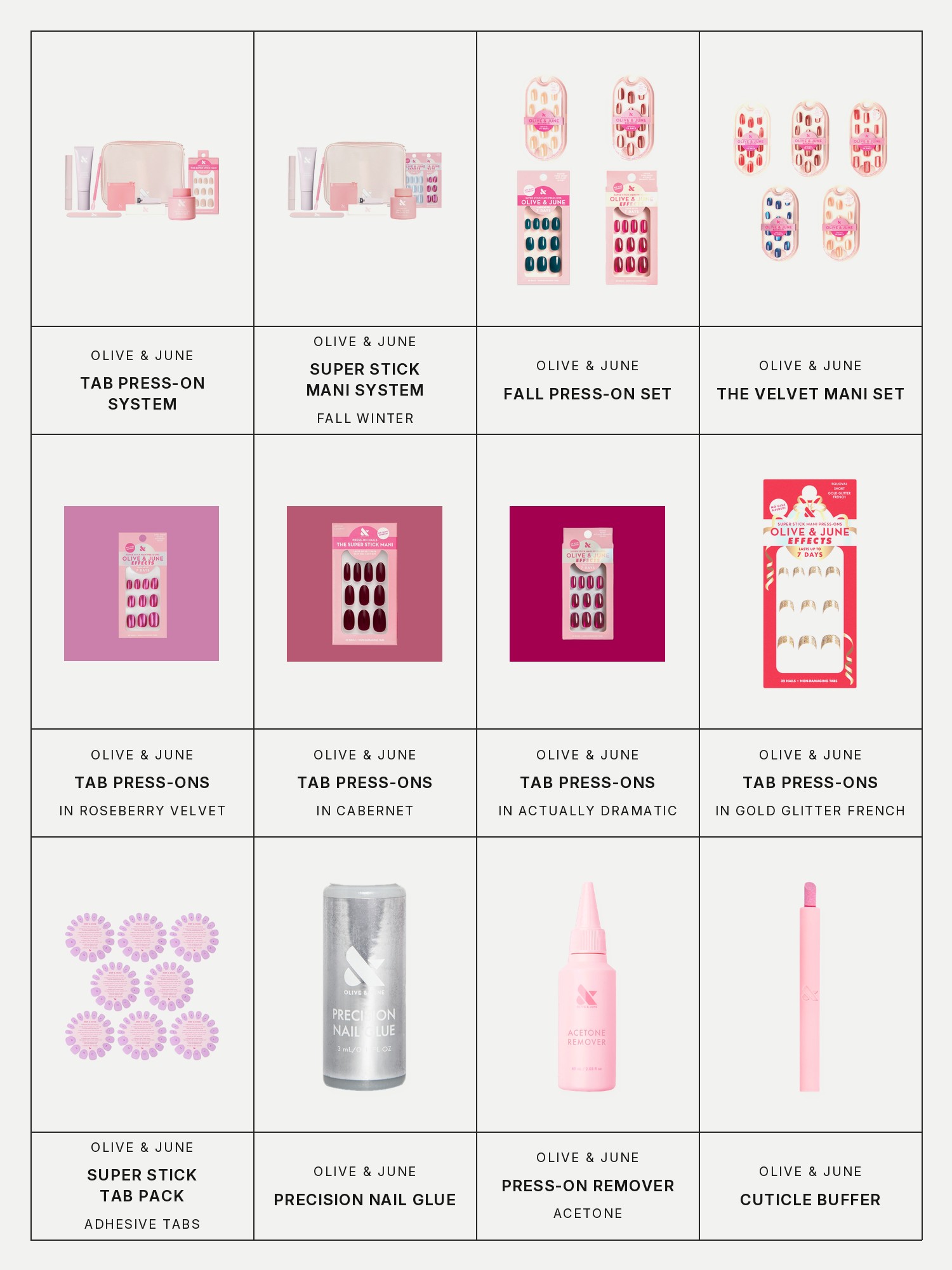 Twelve boxes on a pale grey page, one for each product in this edit, each with its brand and name printed below: Olive & June Tab Press-On System, Olive & June Fall Winter Super Stick Mani System, Olive & June Fall Press-On Set, Olive & June The Velvet Mani Set, Olive & June Tab Press-Ons in Roseberry Velvet, Olive & June Tab Press-Ons in Cabernet, Olive & June Tab Press-Ons in Actually Dramatic Velvet, Olive & June Tab Press-Ons in Gold Glitter French, Olive & June Super Stick Tab Pack, Olive & June Precision Nail Glue, Olive & June Press-On Acetone Remover and Olive & June Cuticle Buffer.