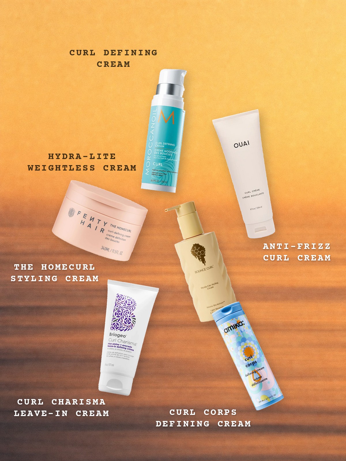 Floating curl creams for wavy hair from Moroccanoil, OUAI, Fenty Hair, Bounce Curl, Briogeo and amika