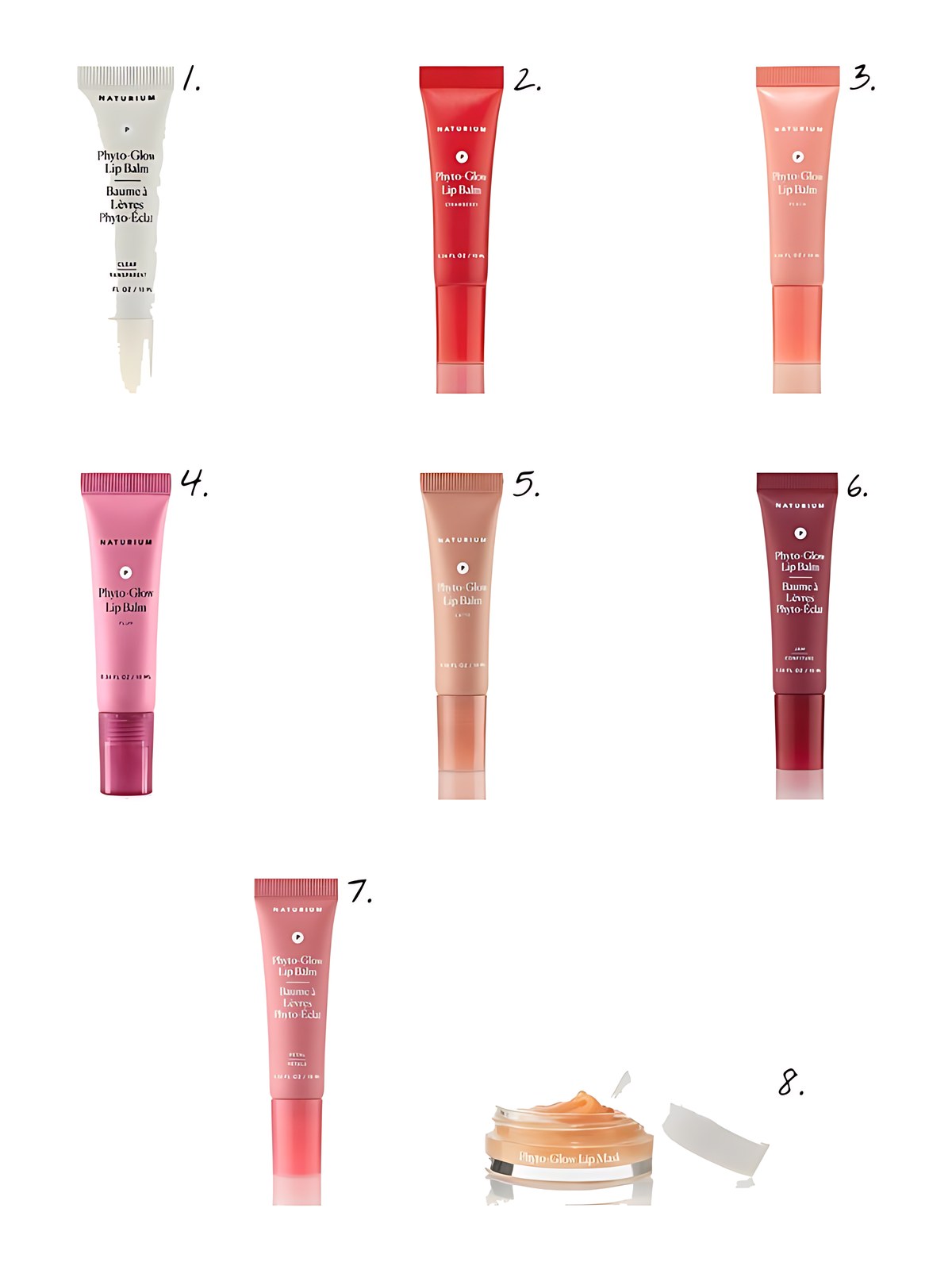 Numbered collage: 1. Naturium Phyto-Glow Lip Balm Clear; 2. Naturium Phyto-Glow Lip Balm Strawberry; 3. Naturium Phyto-Glow Lip Balm Peach; 4. Naturium Phyto-Glow Lip Balm Plum; 5. Naturium Phyto-Glow Lip Balm Latte; 6. Naturium Phyto-Glow Lip Balm Jam; 7. Naturium Phyto-Glow Lip Balm Petal; 8. Naturium Phyto-Glow Lip Mask