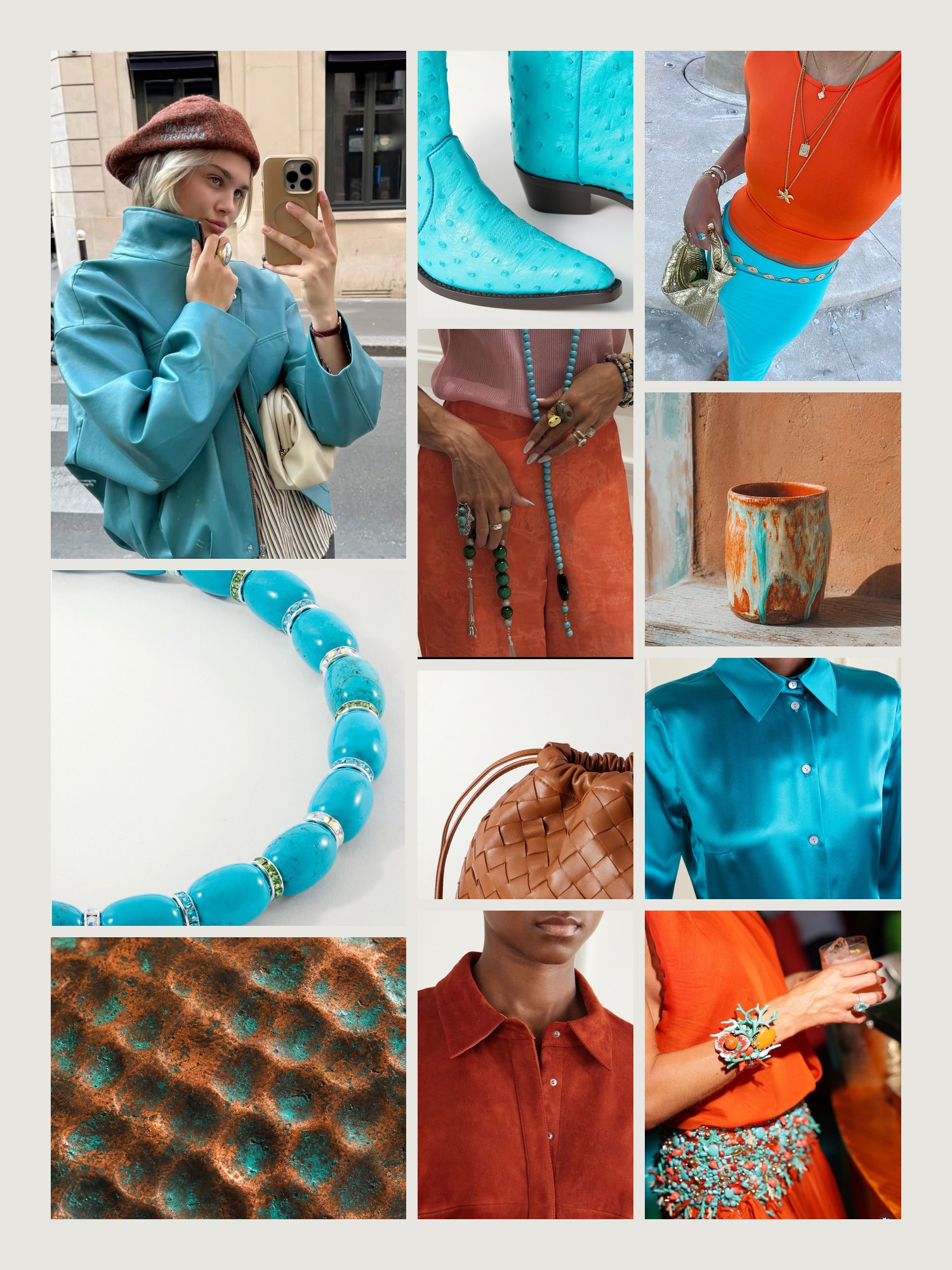 Mood board for rust and turquoise outfits: four street-style photos of women wearing rust and turquoise, close-ups of the Julietta beaded necklace, the Khaite ankle boots, the Bottega Veneta shoulder bag, the Stouls midi dress and the Gucci silk-satin shirt from this edit, and two still lifes in both colors