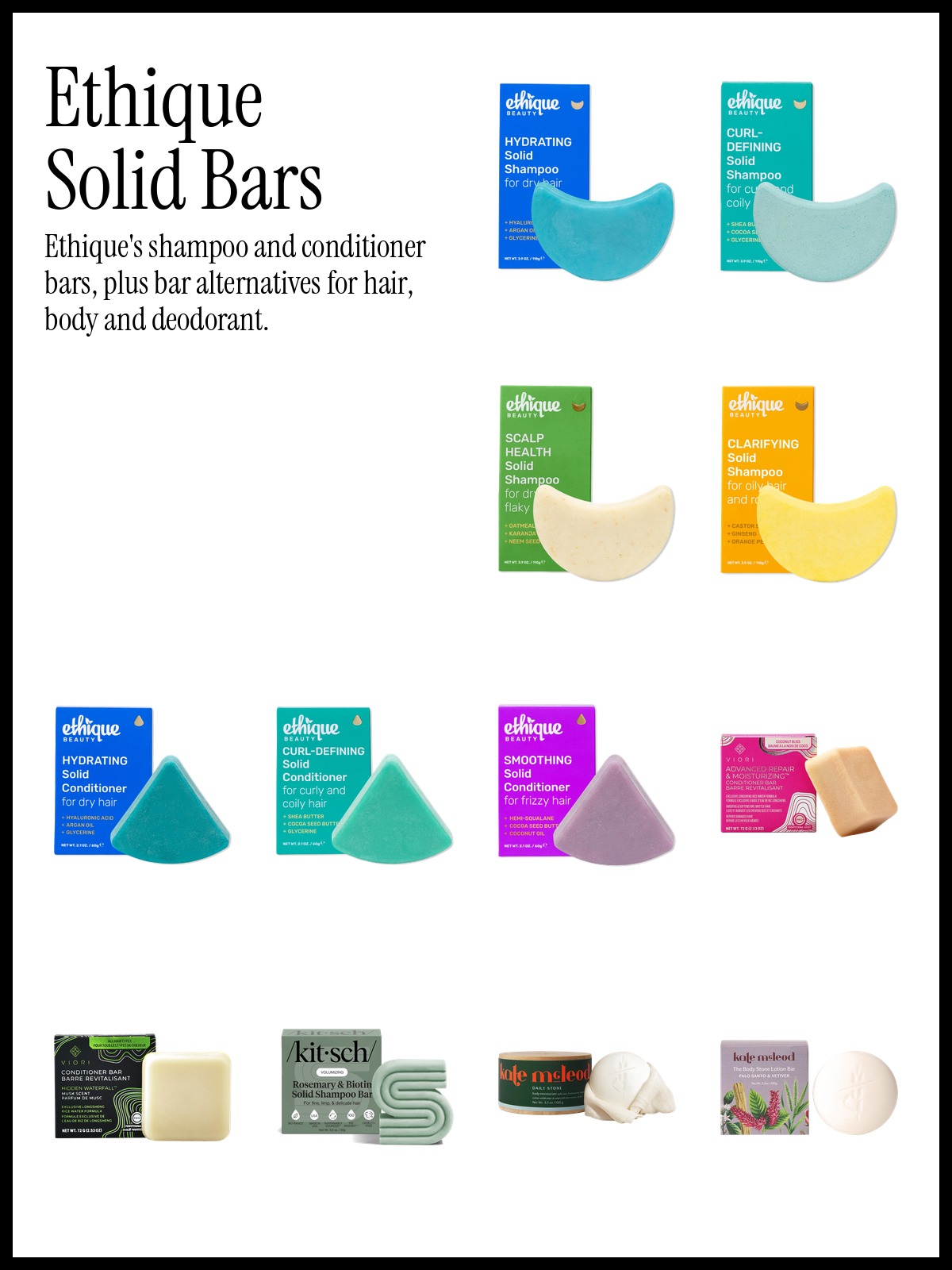 Collage of the Ethique Hydrating Solid Shampoo Bar, Hydrating Solid Conditioner Bar and Viori Coconut conditioner bar