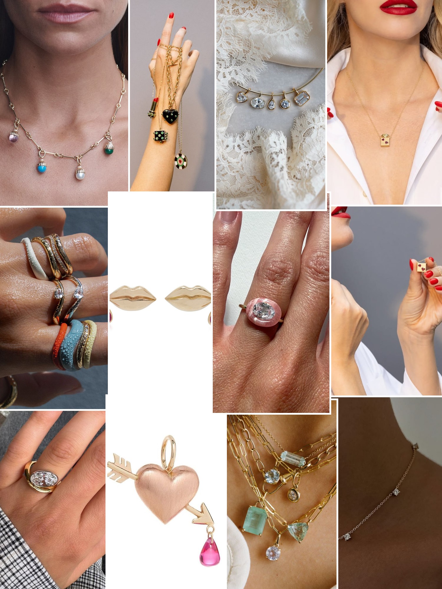 Collage of rings, earrings and layered necklaces worn up close, in the spirit of Rachel Quinn