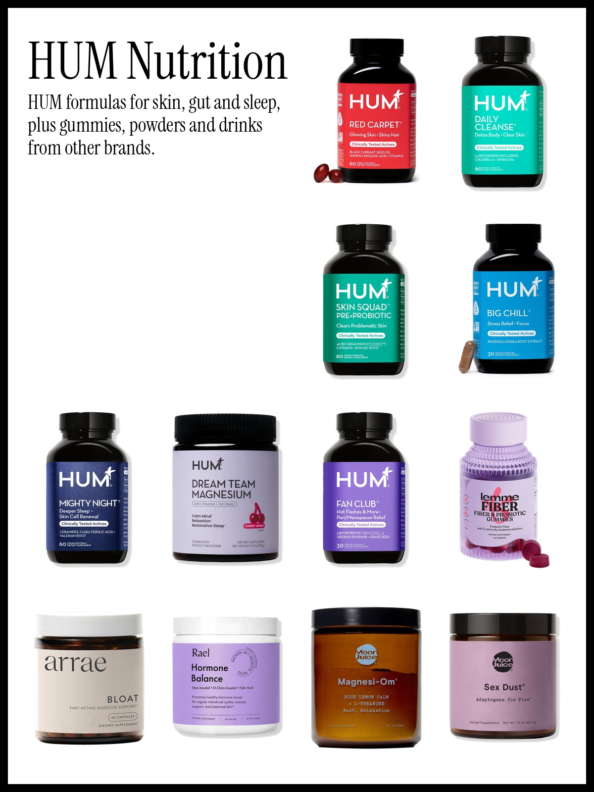 Collage of HUM Nutrition Red Carpet, Mighty Night, Lemme Fiber and Probiotic Gummies and Moon Juice Magnesi-Om