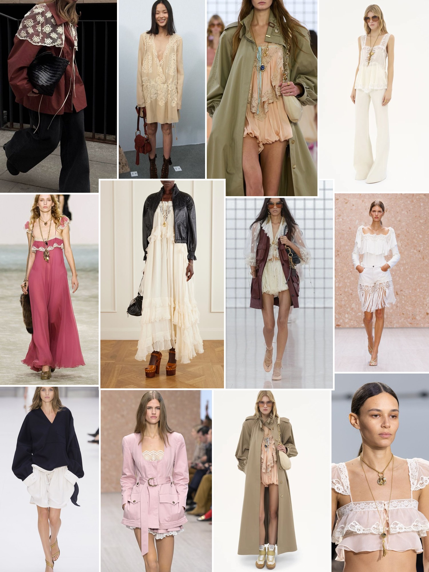 Collage of runway looks, campaign shots and street style outfits that capture the Chloé mood