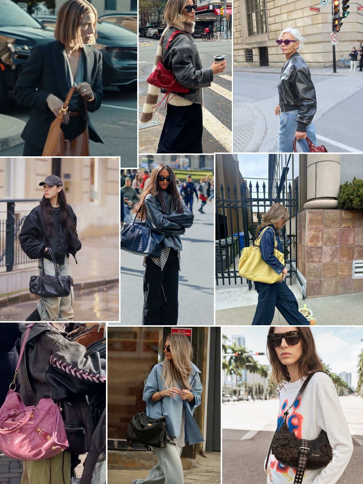 Collage of slouchy moto bags with studs and similar looks
