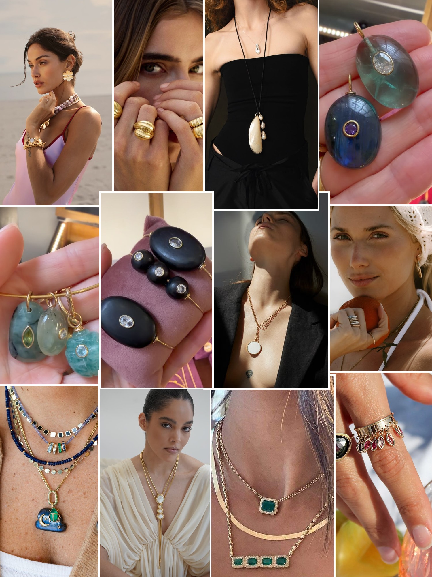 Collage of rings, earrings and layered necklaces worn up close, in the spirit of Pamela Zamore