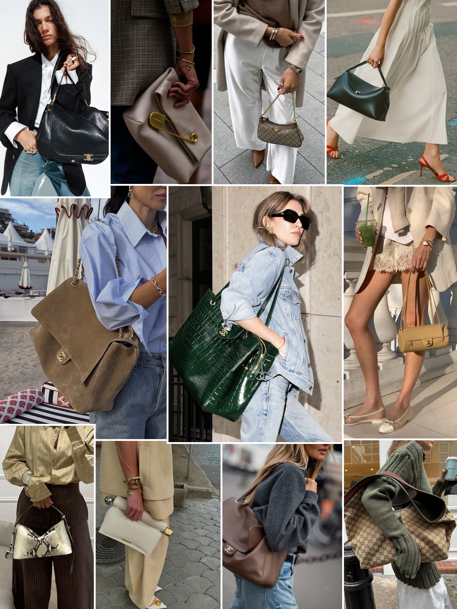 Collage of luxury bags with tailored outfits