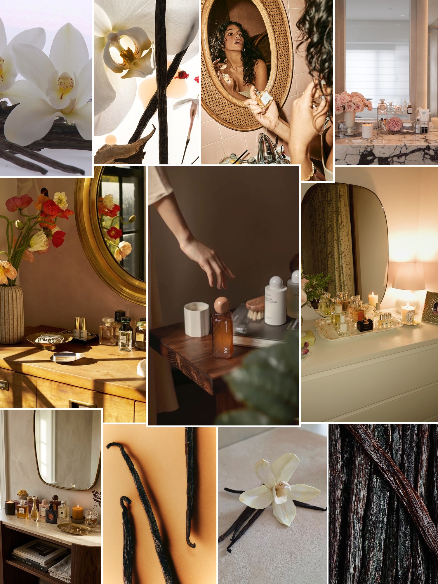 Collage of vanilla perfumes and similar looks