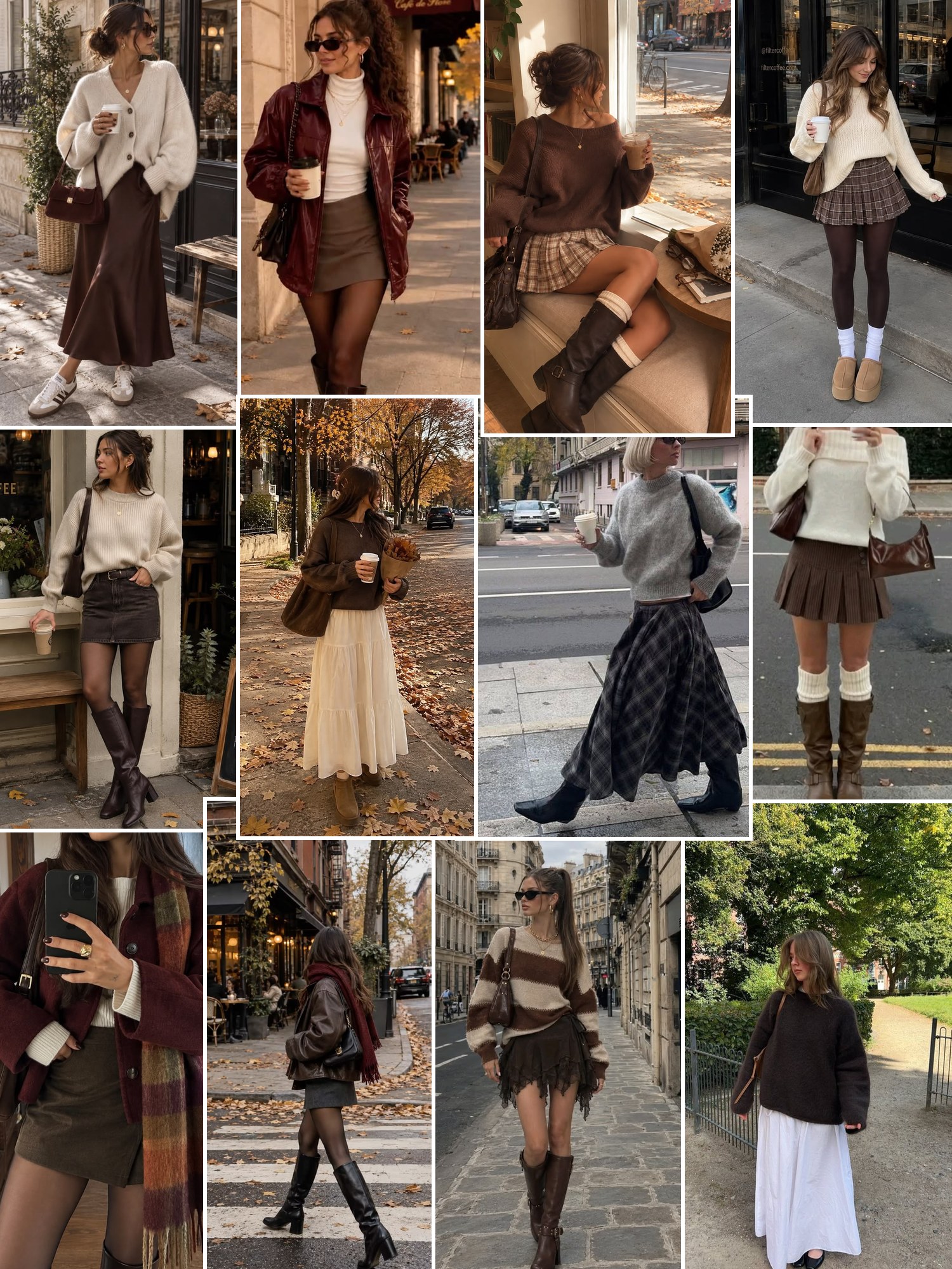 Street style collage of women in plaid, pleated and mini skirts with knits and boots