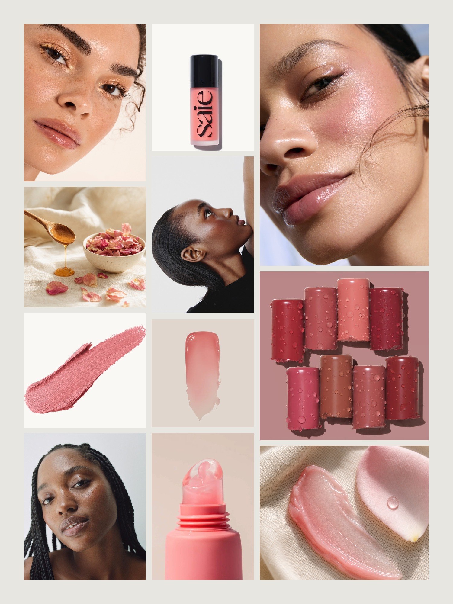 Mood board of no-makeup makeup with dewy skin, balms and soft pinks