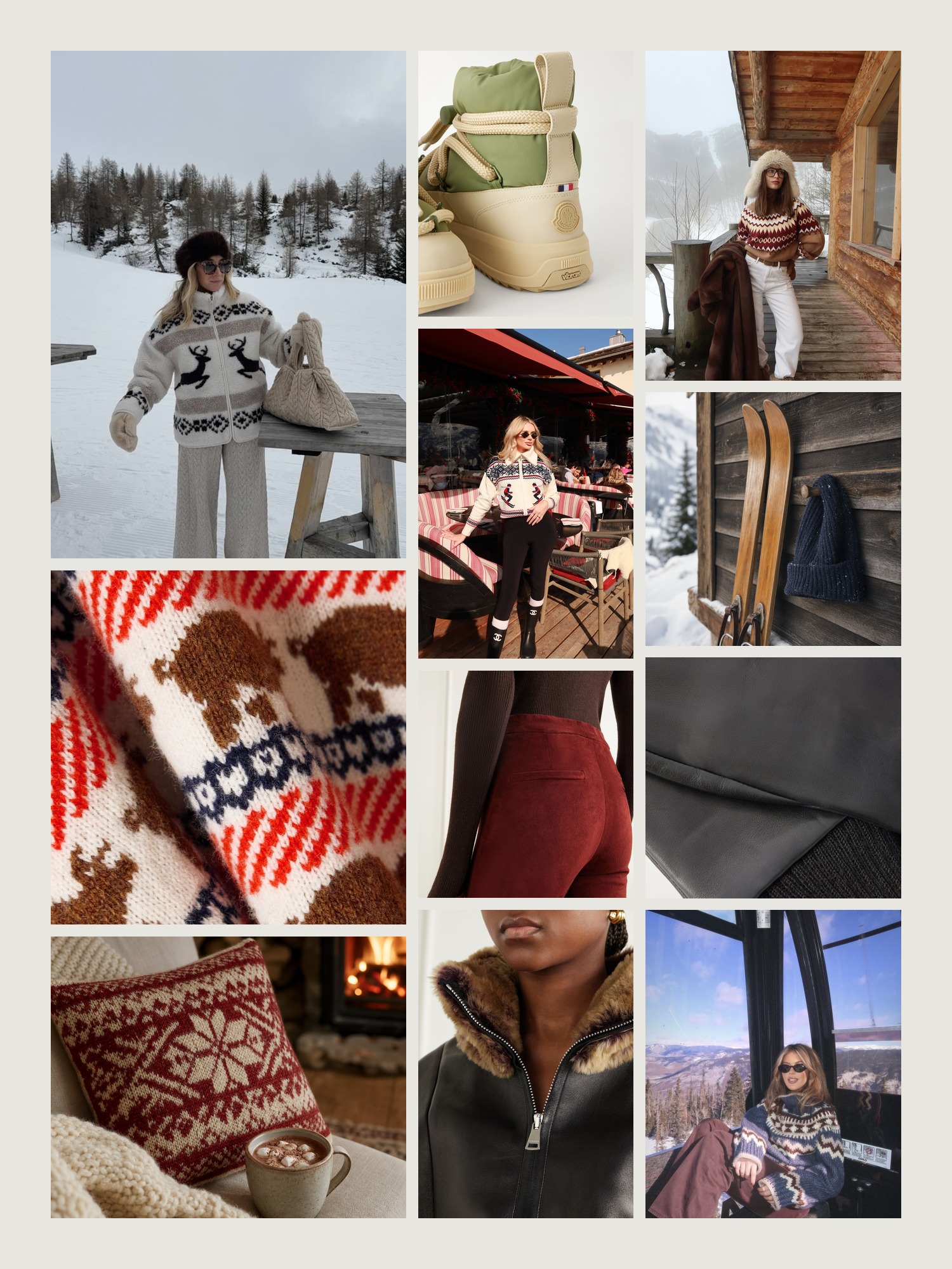 Mood board of apres ski outfit in cream, red and navy fair isle