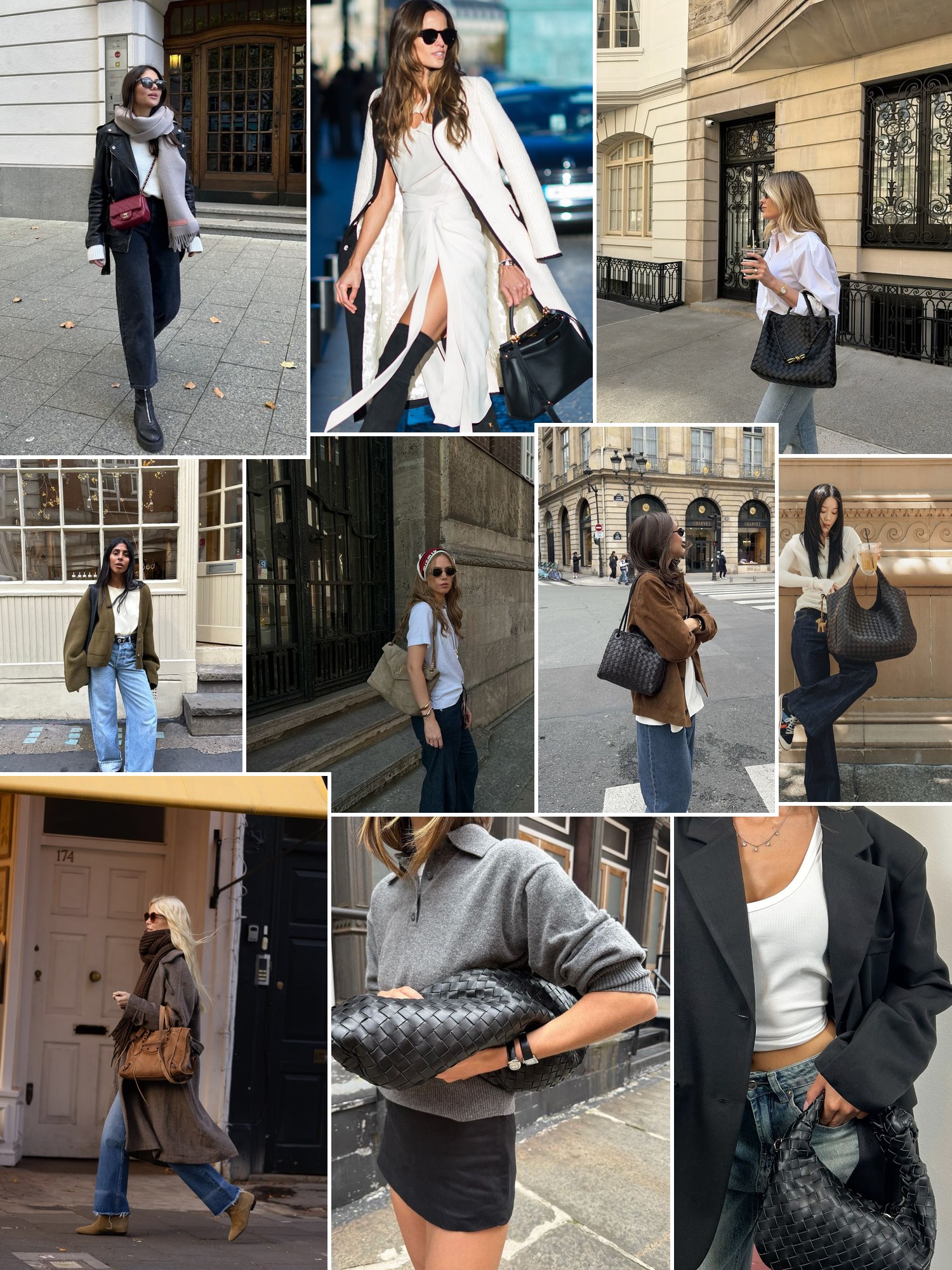 Collage of quilted flap bags with chain straps and similar looks