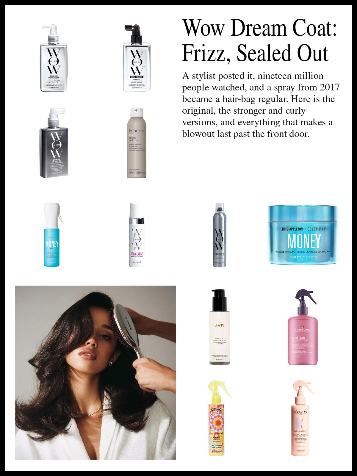 Collage of anti-frizz blow dry sprays, volumizers and smoothing creams beside a glossy bottle lineup and a mood photo of a smooth, bouncy blowout being brushed.