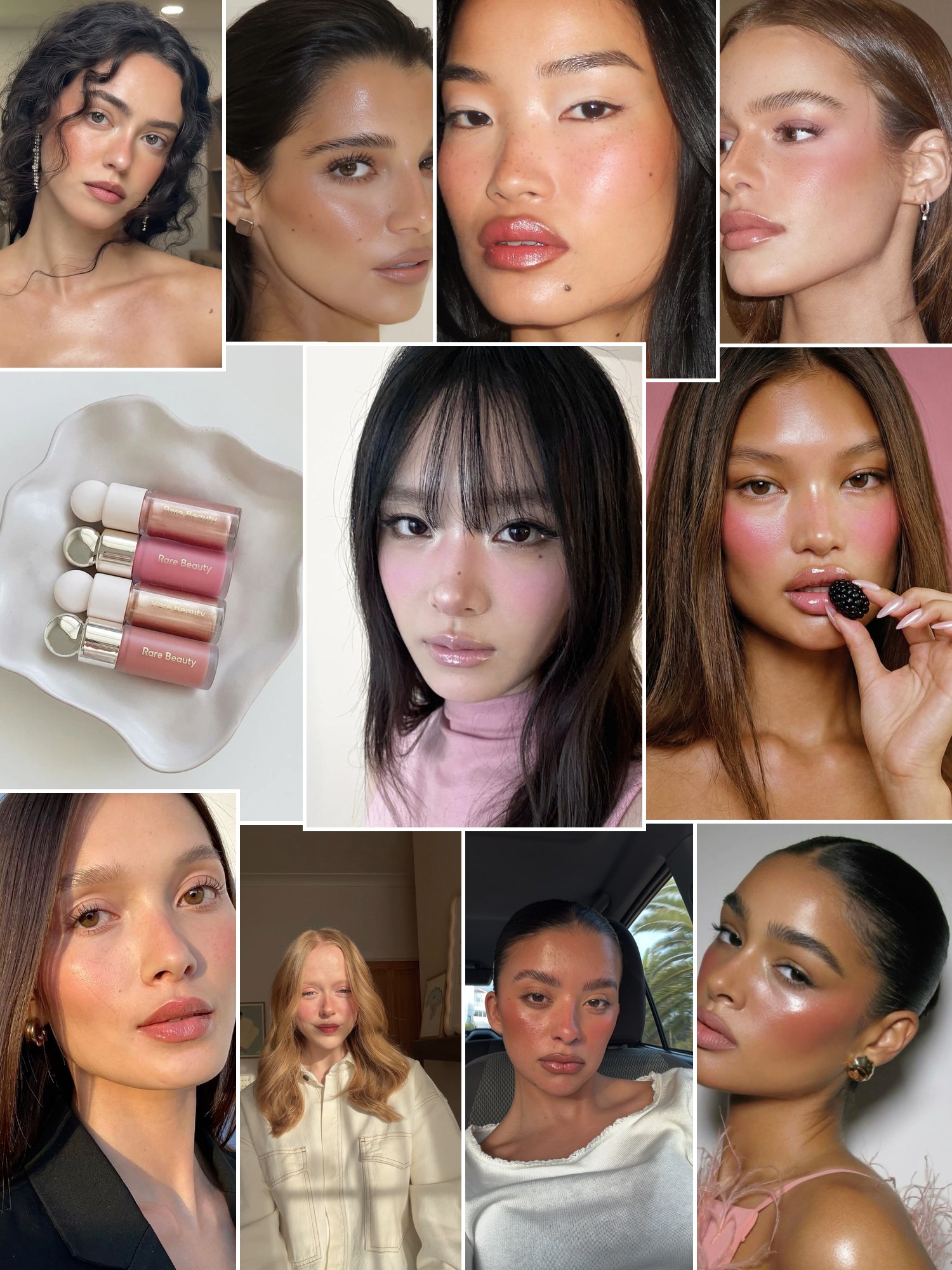 Collage of luminous beauty looks, rosy blush and softly defined eyes.