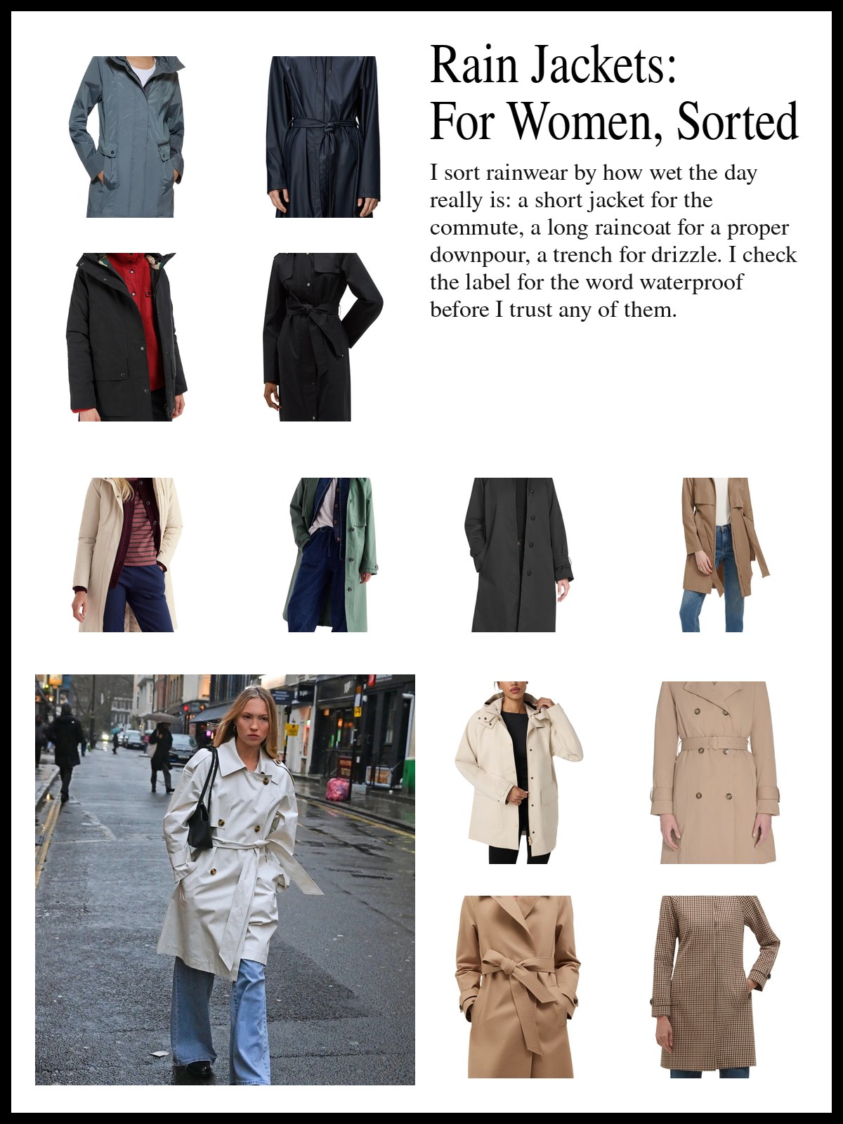 Collage of rain jackets, long raincoats and rain parkas, and belted trench coats, and a mood photo of a light trench coat and wide jeans on a rain-soaked city street.