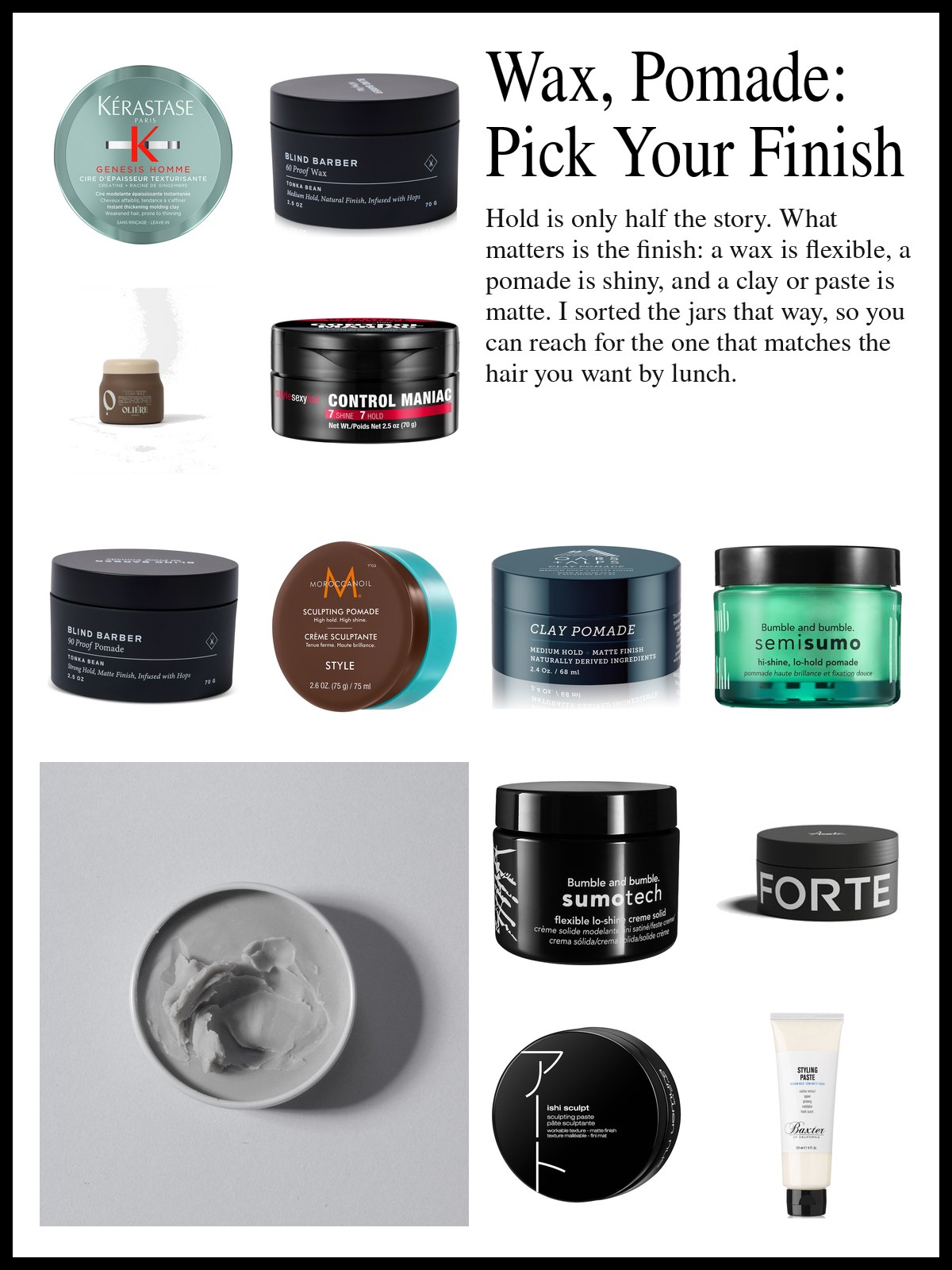 Collage of styling wax tins, pomade jars, clay pastes and putties beside a close-up photo of textured, freshly styled hair, and a mood photo of an open dish of hair wax.