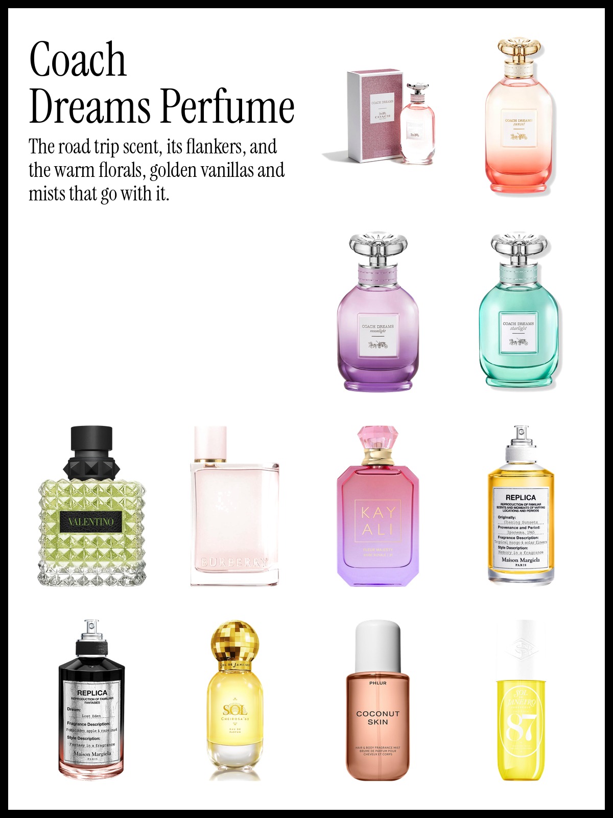 Collage of Coach Dreams Eau de Parfum, Valentino Donna Born in Roma Green Stravaganza and Maison Margiela Replica Chasing Sunsets