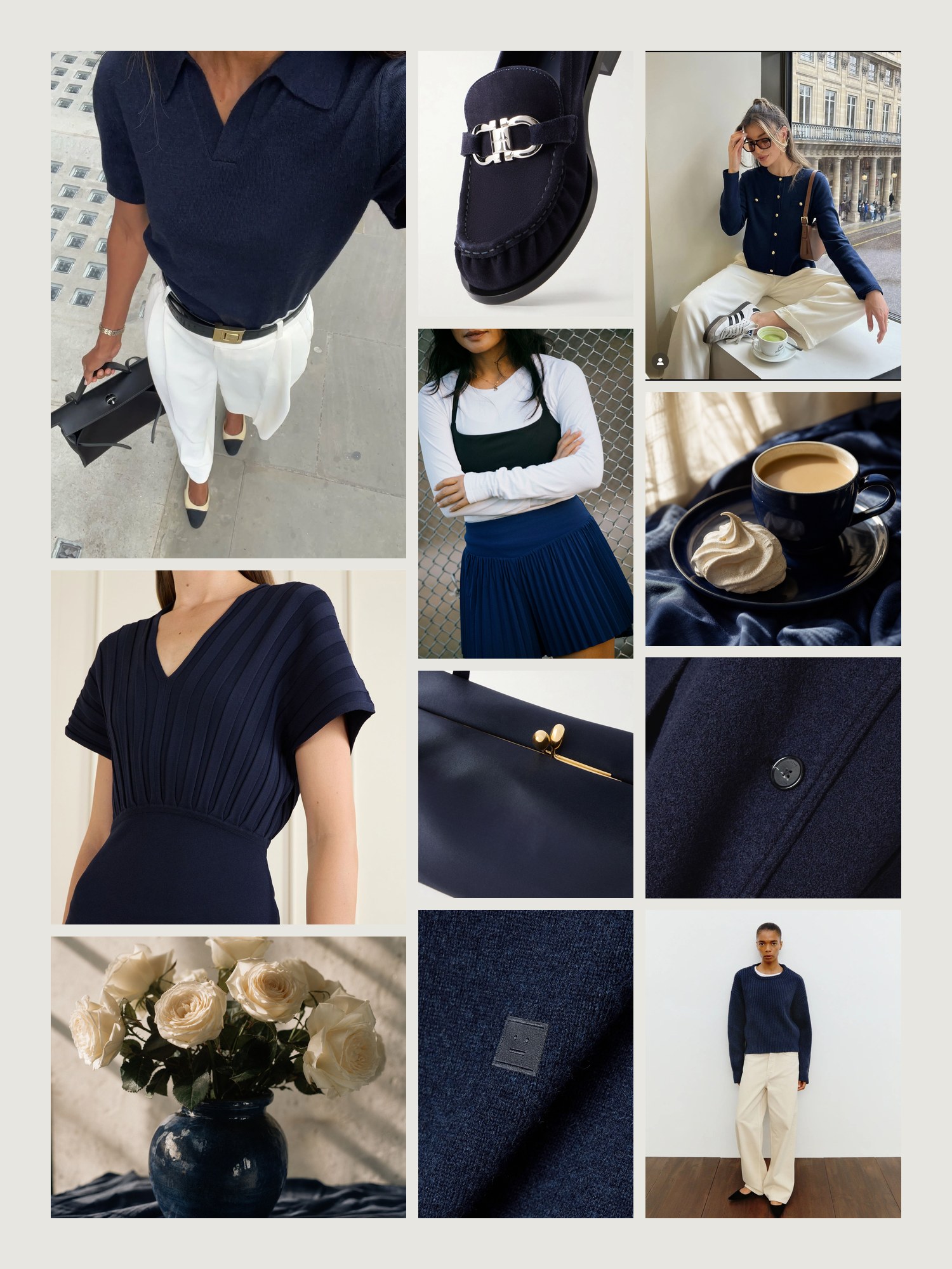 Mood board for navy and cream outfits: four street-style photos of women wearing navy and cream, close-ups of the Jil Sander shoulder bag, the Ferragamo loafers, the Acne Studios cardigan, the Max Mara midi dress and the Toteme coat from this edit, and two still lifes in both colors
