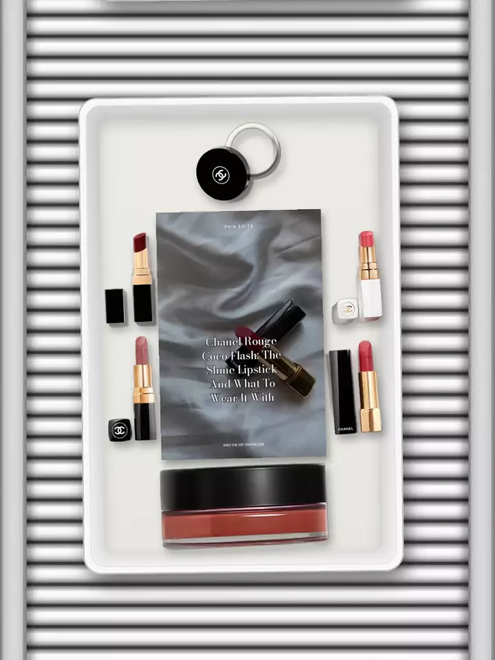 Animated airport trays on a conveyor, each holding a Phia edit cover and its products: Chanel Rouge Coco Flash, Dior Highlighter, Backstage Rules, Non Toxic Nail Polish, and What the Labels Really Mean, Charlotte Tilbury Dupe, Cushion Foundation Went From K-Beauty Novelty to Every Luxury Counter, Fenty Beauty Eaze Drop Blurring Skin Tint and the Art of the Light Base, Hourglass Makeup, Built on a Mother's Pink Light Bulbs