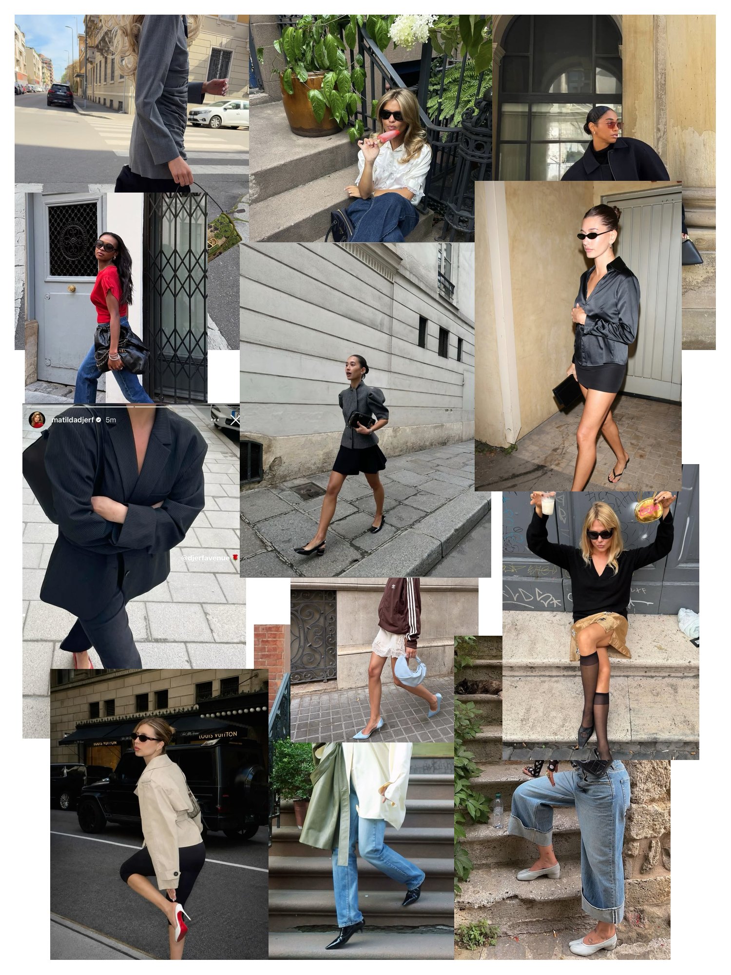 Street-style collage of 12 outfit photos featuring ballet heels, scattered and overlapping