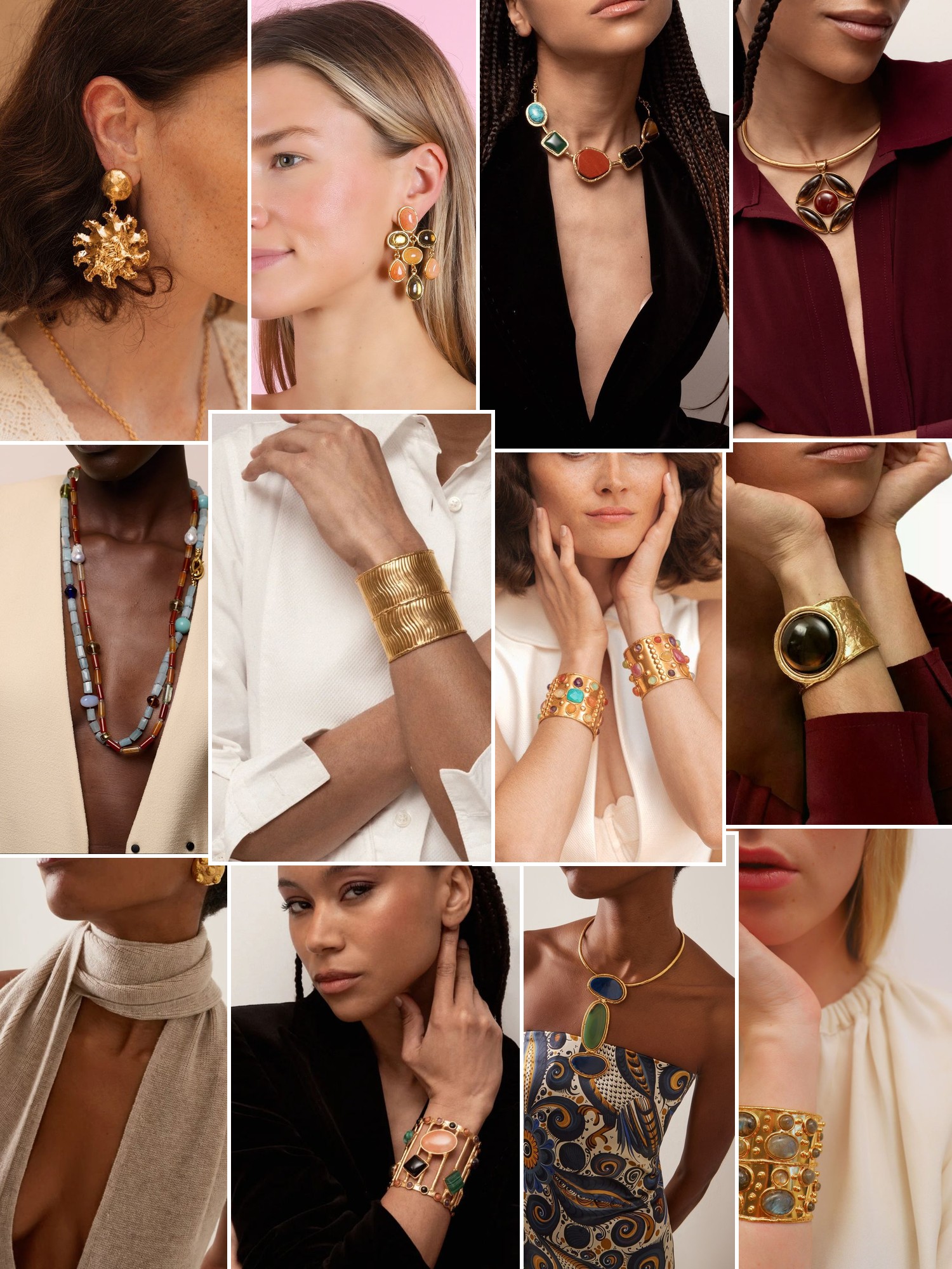 Collage of rings, earrings and layered necklaces worn up close, in the spirit of Sylvia Toledano