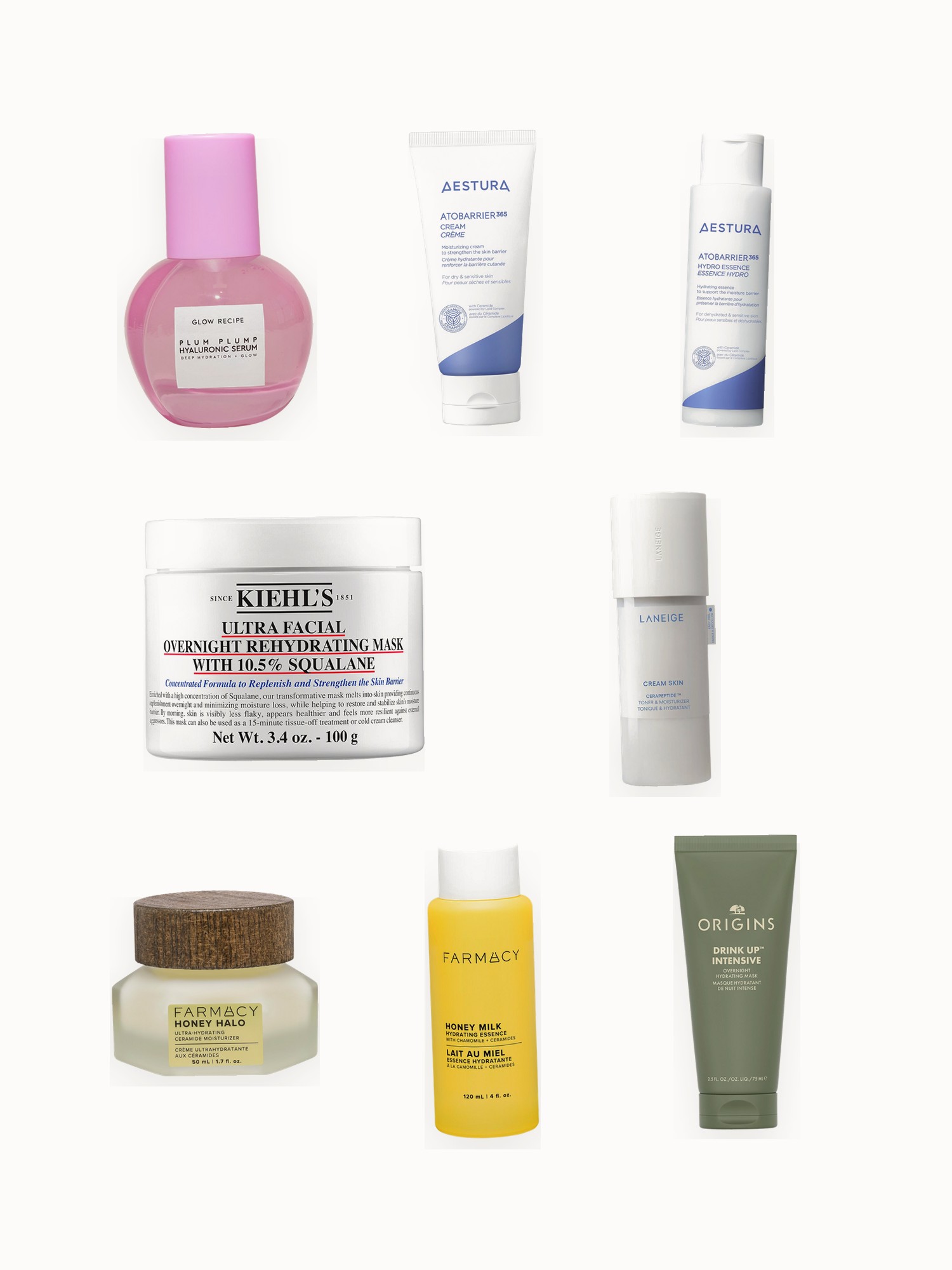 Flat lay of a hydrating serum, milky toners and essences, ceramide moisturizers and overnight masks on an off-white background
