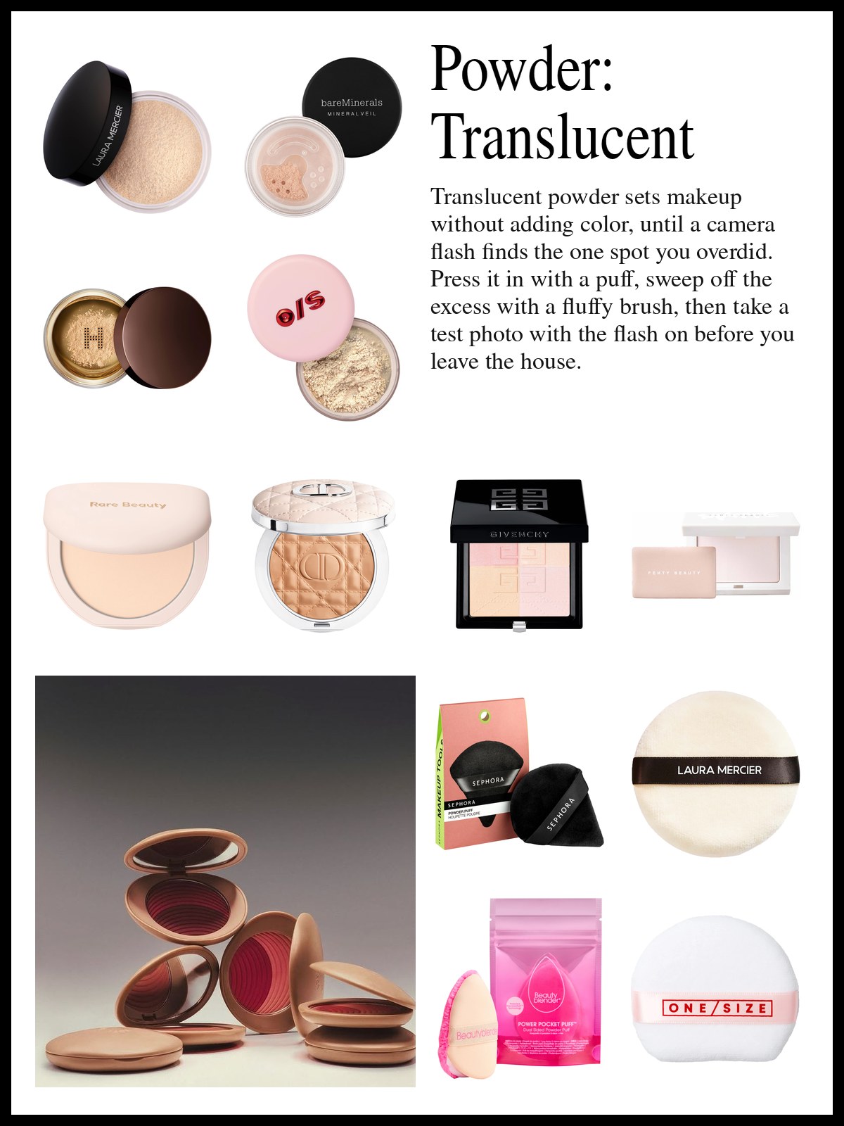 Collage of loose setting powders, pressed powders, velour puffs and powder brushes beside a photo of open powder compacts.