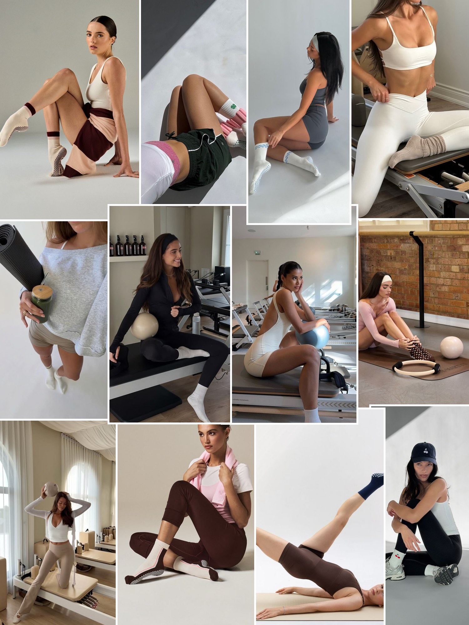 Collage of everyday outfits built around pilates socks