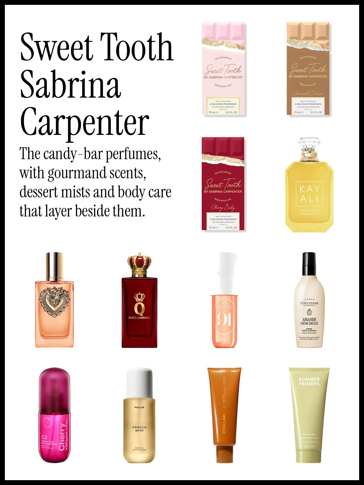 Collage of Sabrina Carpenter Sweet Tooth, Caramel Dream and Cherry Baby eau de parfum with Kayali Lemon Sugar, L'Occitane Amande Creme Brulee and PHLUR Vanilla Skin Body Oil