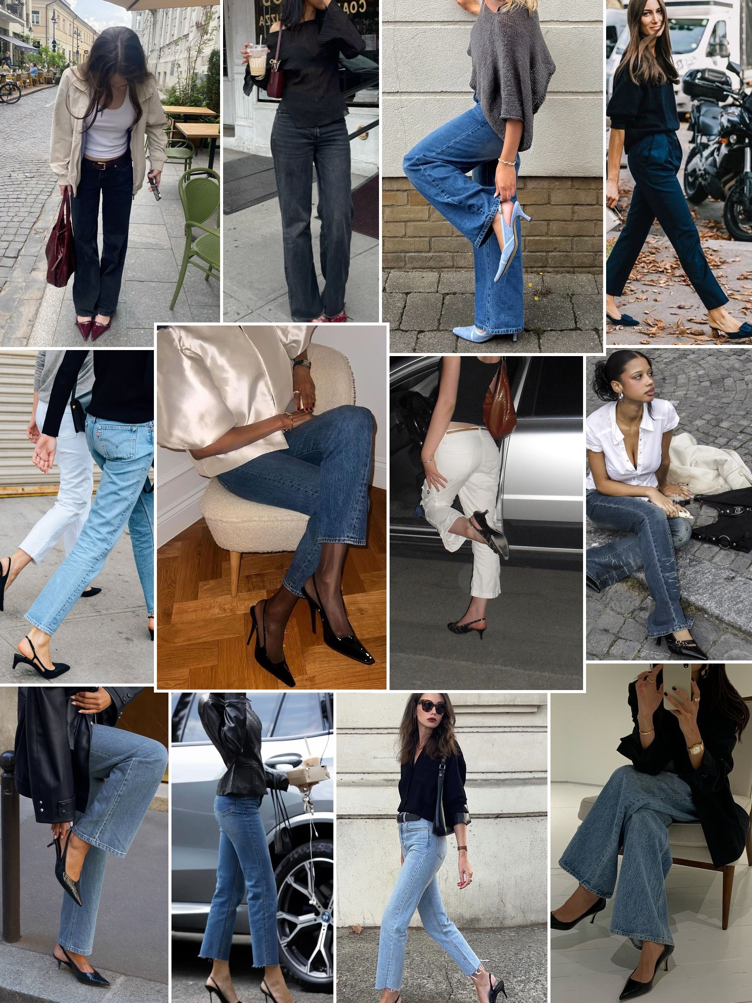 Collage of kitten heels and stilettos styled with trousers