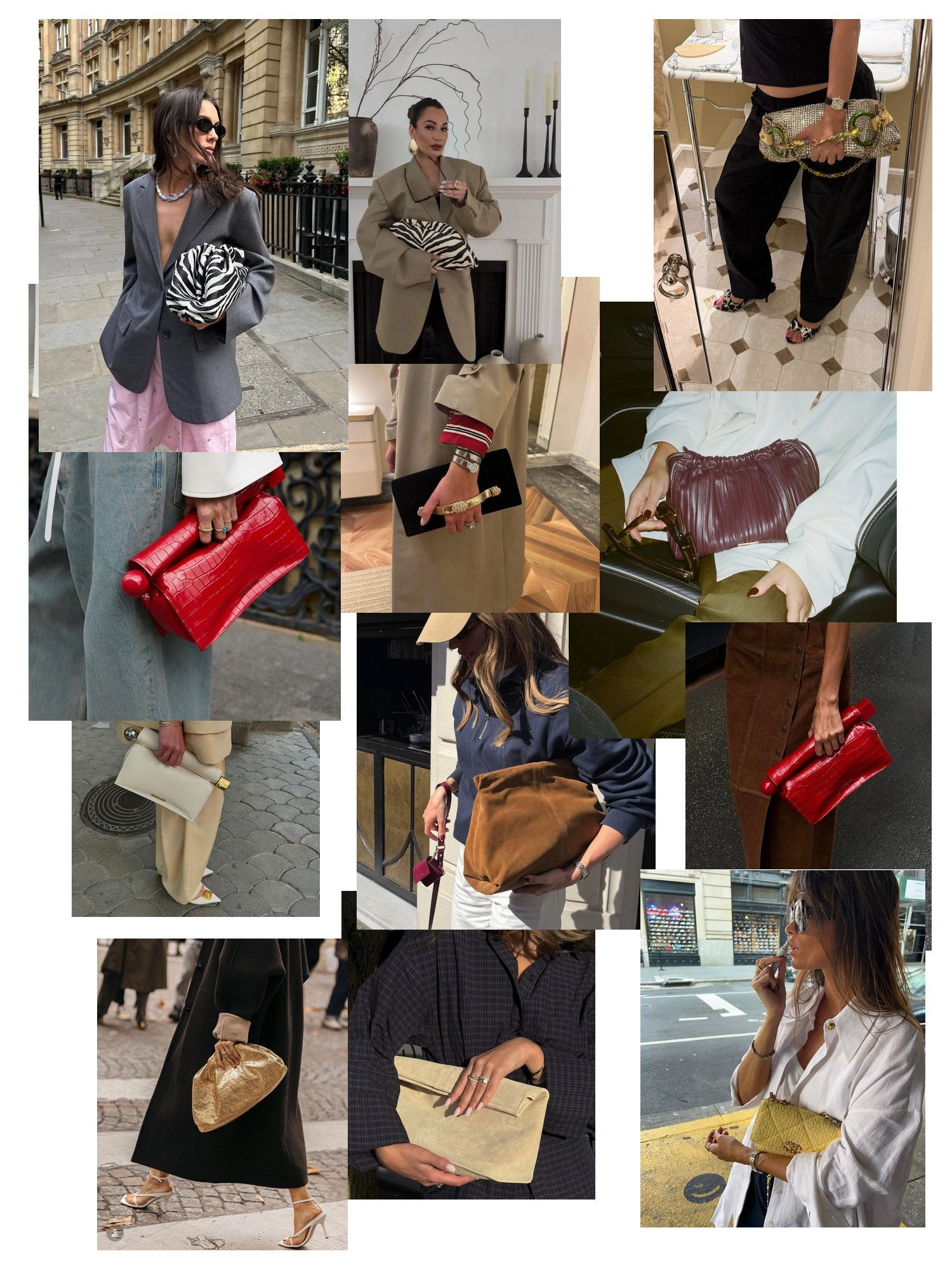 Street-style collage of 12 outfit photos featuring clutch bag, scattered and overlapping
