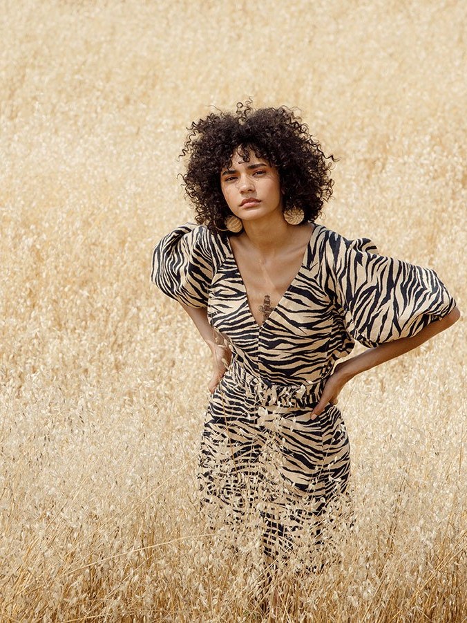 Model in a zebra-print dress amid a sunlit field