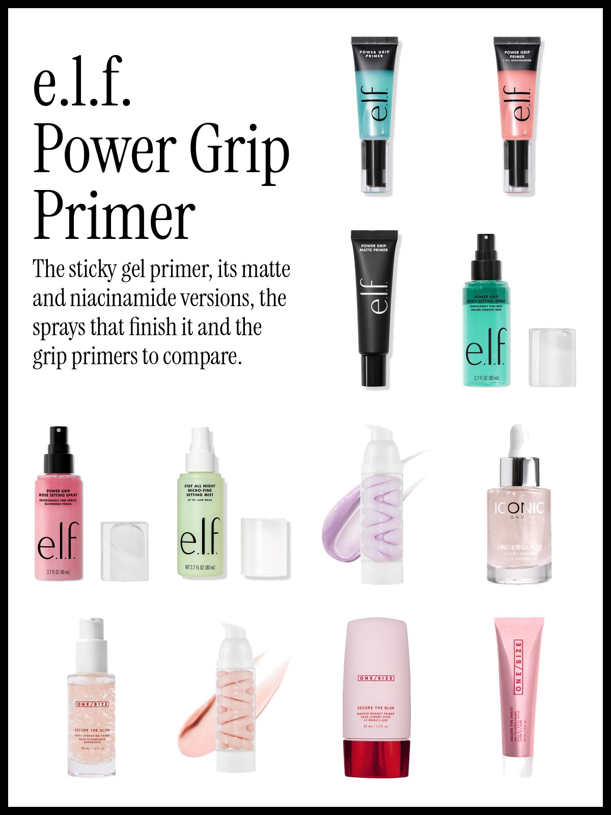 Collage of e.l.f. Power Grip Primer, Power Grip Matte Primer and Power Grip setting sprays beside Fenty Beauty and ONE/SIZE grip primers