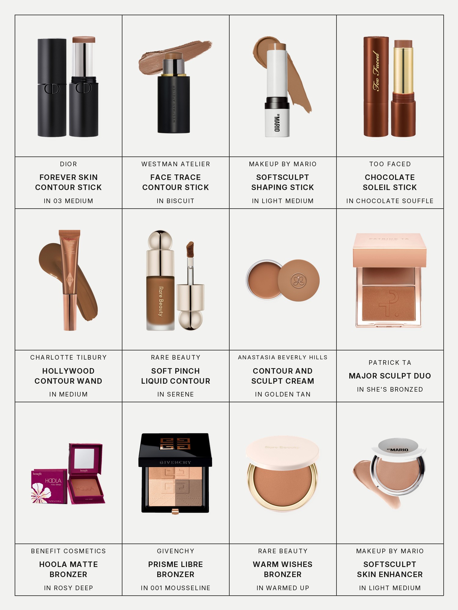 Twelve boxes on a pale gray page, one for each product in this edit, each with its brand and name printed below: Dior Forever Skin Contour Stick in 03 Medium, Westman Atelier Face Trace Cream Contour Stick in Biscuit, Makeup by Mario SoftSculpt Shaping Stick in Light Medium, Too Faced Chocolate Soleil Bronzing & Sculpting Stick in Chocolate Souffle, Charlotte Tilbury Hollywood Contour Wand in Medium, Rare Beauty Soft Pinch Liquid Contour in Serene, Anastasia Beverly Hills Contour and Sculpt Cream Bronzer in Golden Tan, Patrick Ta Major Sculpt Crème Contour & Powder Duo in She's Bronzed, Benefit Cosmetics Hoola Matte Powder Bronzer in Rosy Deep, Givenchy Prisme Libre Sculpting Bronzer in 001 Mousseline Bronzée, Rare Beauty Warm Wishes Soft Matte Powder Bronzer in Warmed Up and Makeup by Mario SoftSculpt Transforming Skin Enhancer in Light Medium.