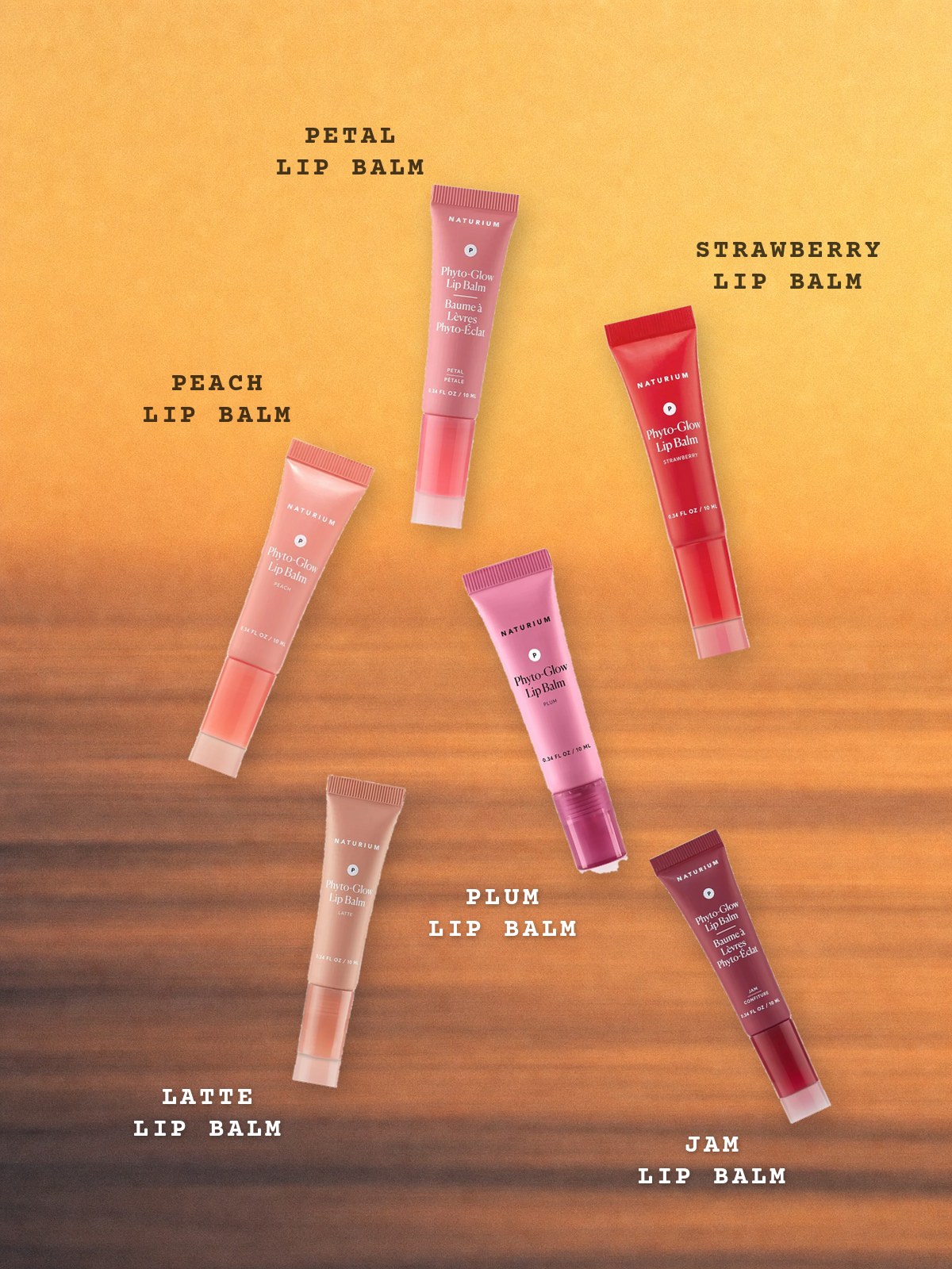 Floating-products collage featuring Naturium Phyto-Glow Lip Balms in Petal, Strawberry, Peach, Plum, Latte, and Jam.
