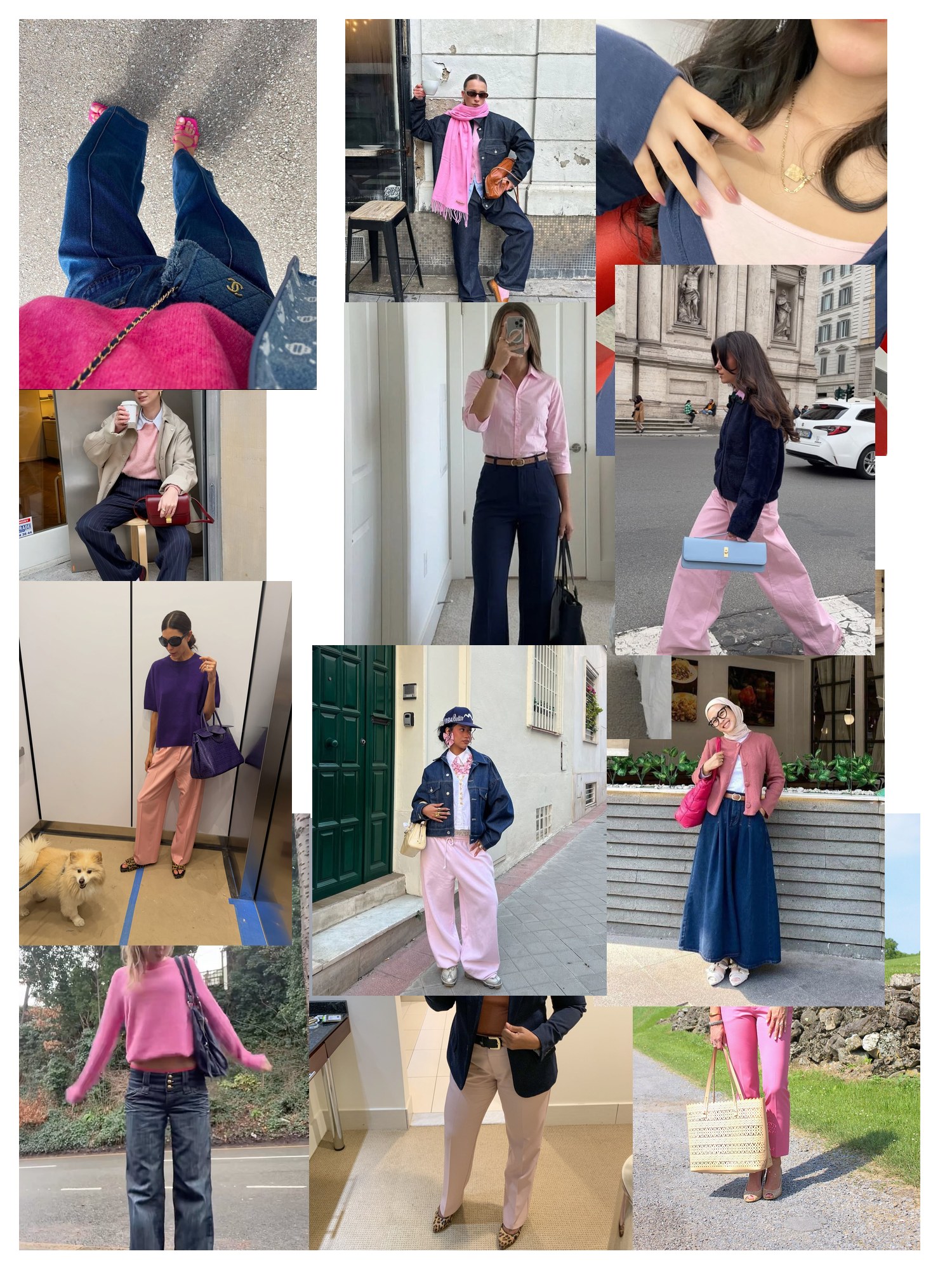 Collage of twelve street-style photos of women wearing pink and navy outfits, scattered and overlapping on white