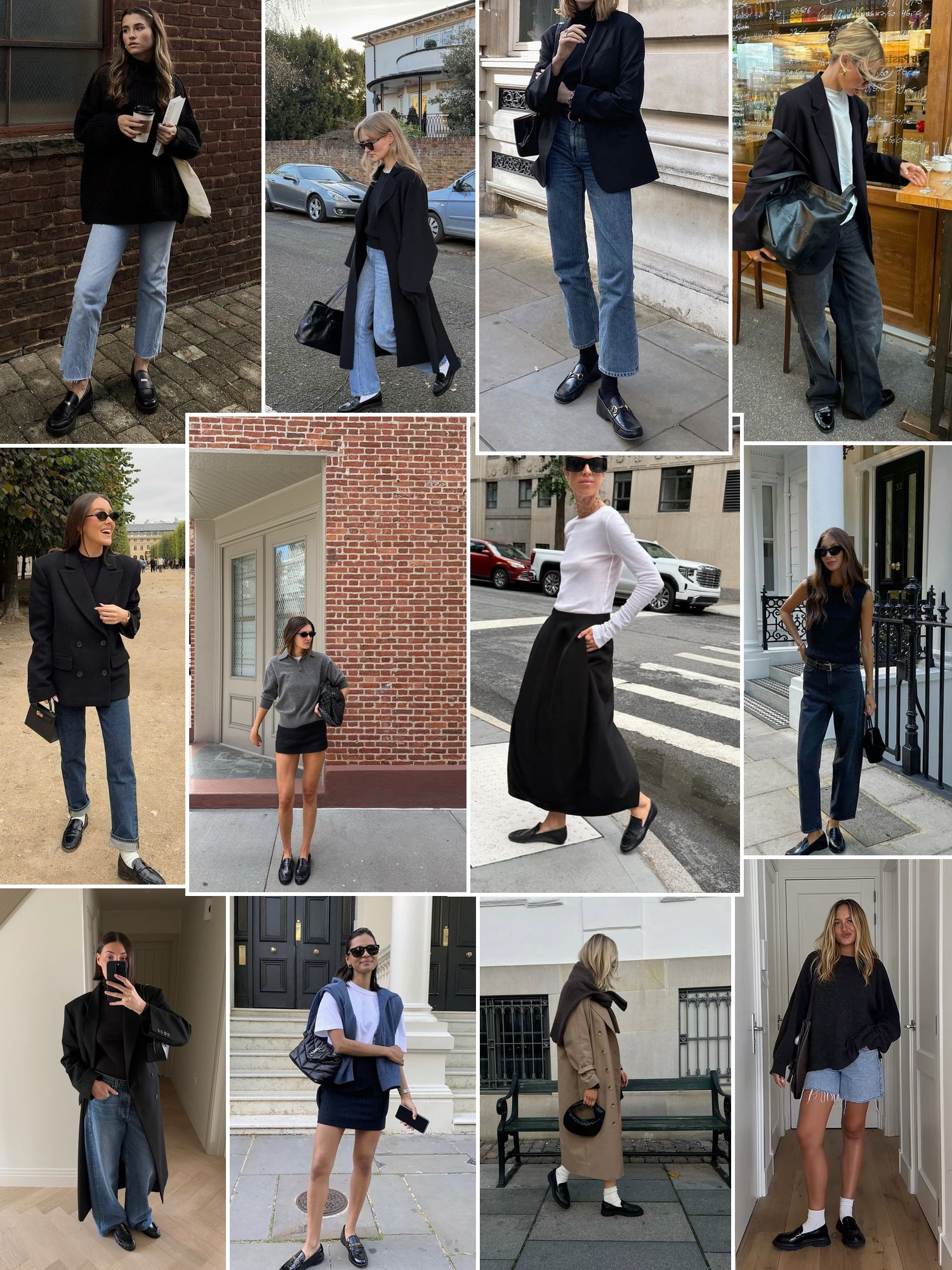 Street style collage of women wearing black loafers