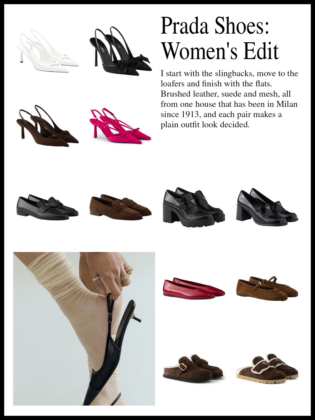 Collage of Prada slingback pumps in brushed leather and mesh, Prada loafers and a lace-up, and Prada ballerinas, Mary Janes and mules, and a mood photo of a black kitten heel slingback worn with a sheer sock.