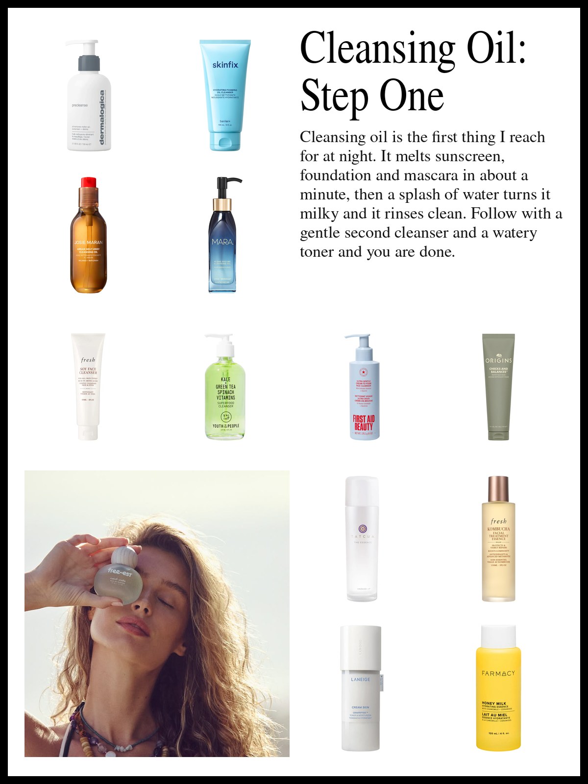 Collage of oil cleansers, gentle face washes and hydrating toners beside a photo of a woman holding a skincare bottle to her face in the sun.
