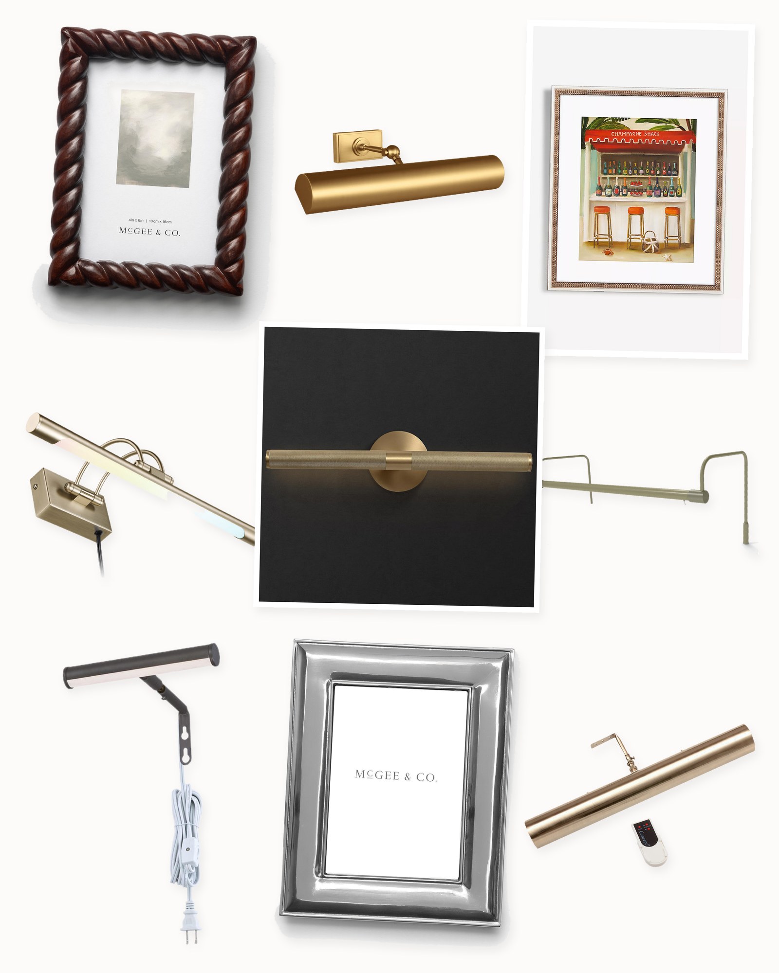 Collage on an off-white background showing Dimmable LED Picture Light with Remote, 15.75" Plug-In LED Picture Light in Brass, Trent Picture Frame, Plug-In LED Picture Light in Matte Black, Mendee Dimmable Wall Mounted Picture Light, Champagne Shack Wall Art, Dimmable LED Frame Mount Picture Light, Rhyus Solid Brass Rotatable Picture Light and Mayweather Picture Frame.
