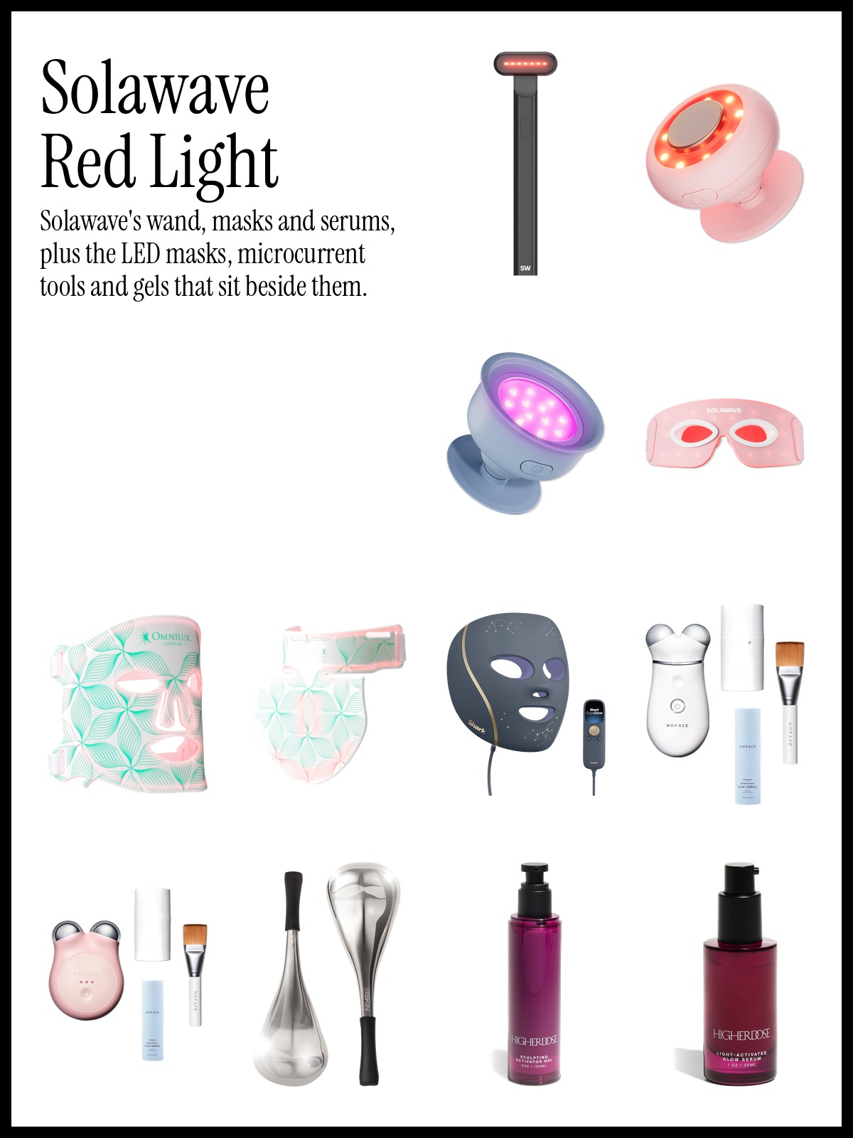 Collage of the Solawave Radiant Renewal wand, Omnilux Contour Face LED mask and NuFACE TRINITY+ microcurrent device