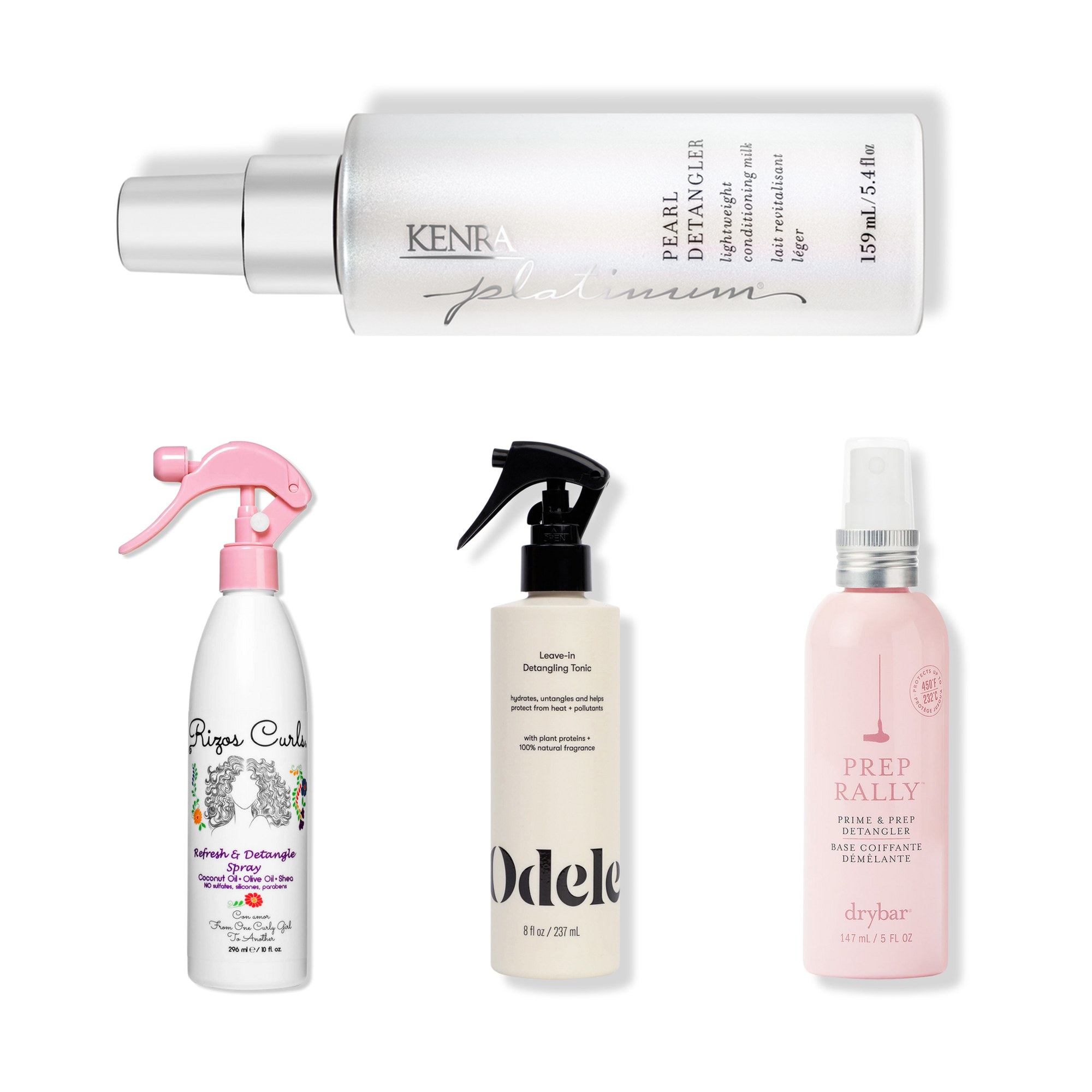 A collage of the detangler sprays in this edit, arranged on a white background.