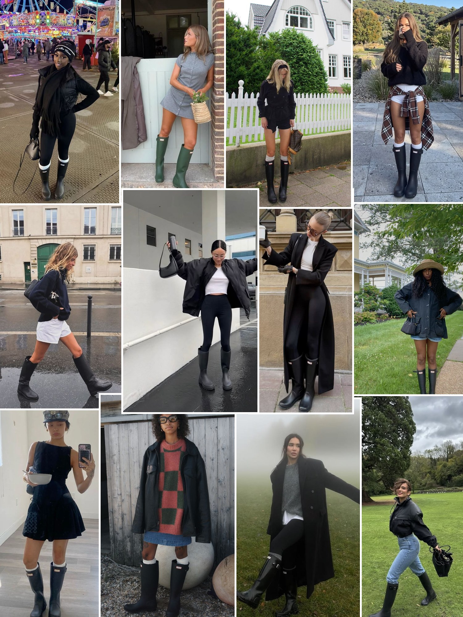 Street style collage of women wearing Hunter croc boots