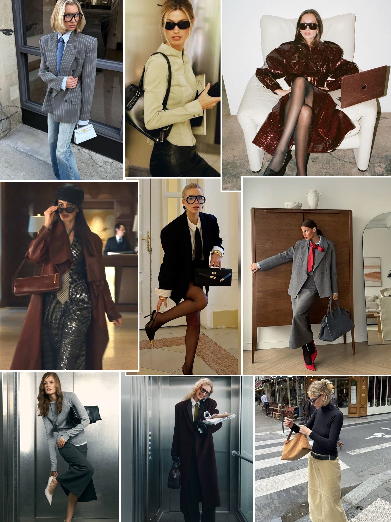 Collage of belted coats and statement bags in street style
